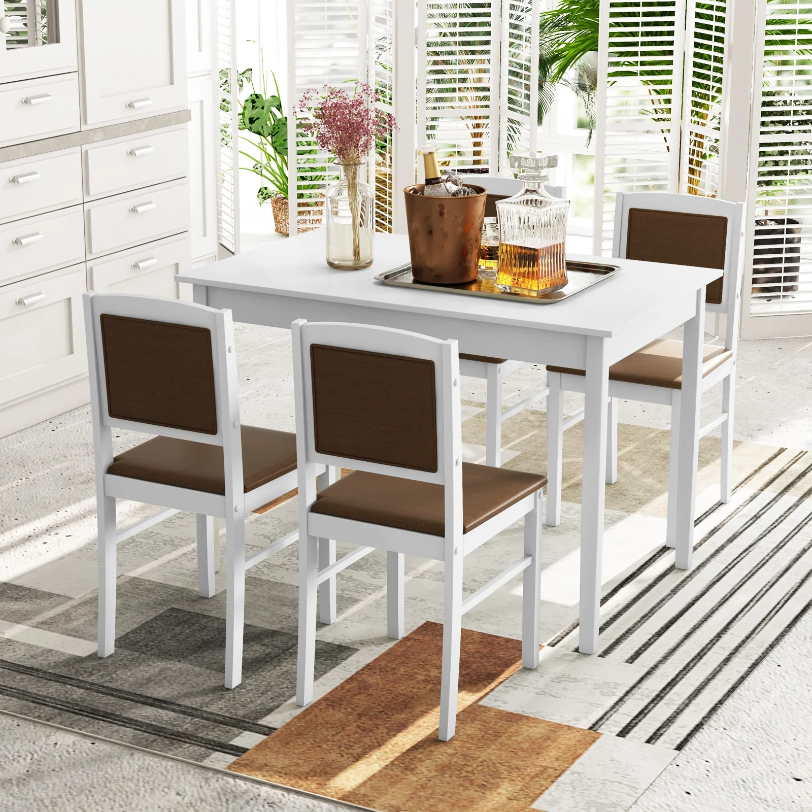 5-Piece Dining Set For 4, Rubber Wood Legs, White - Image 3