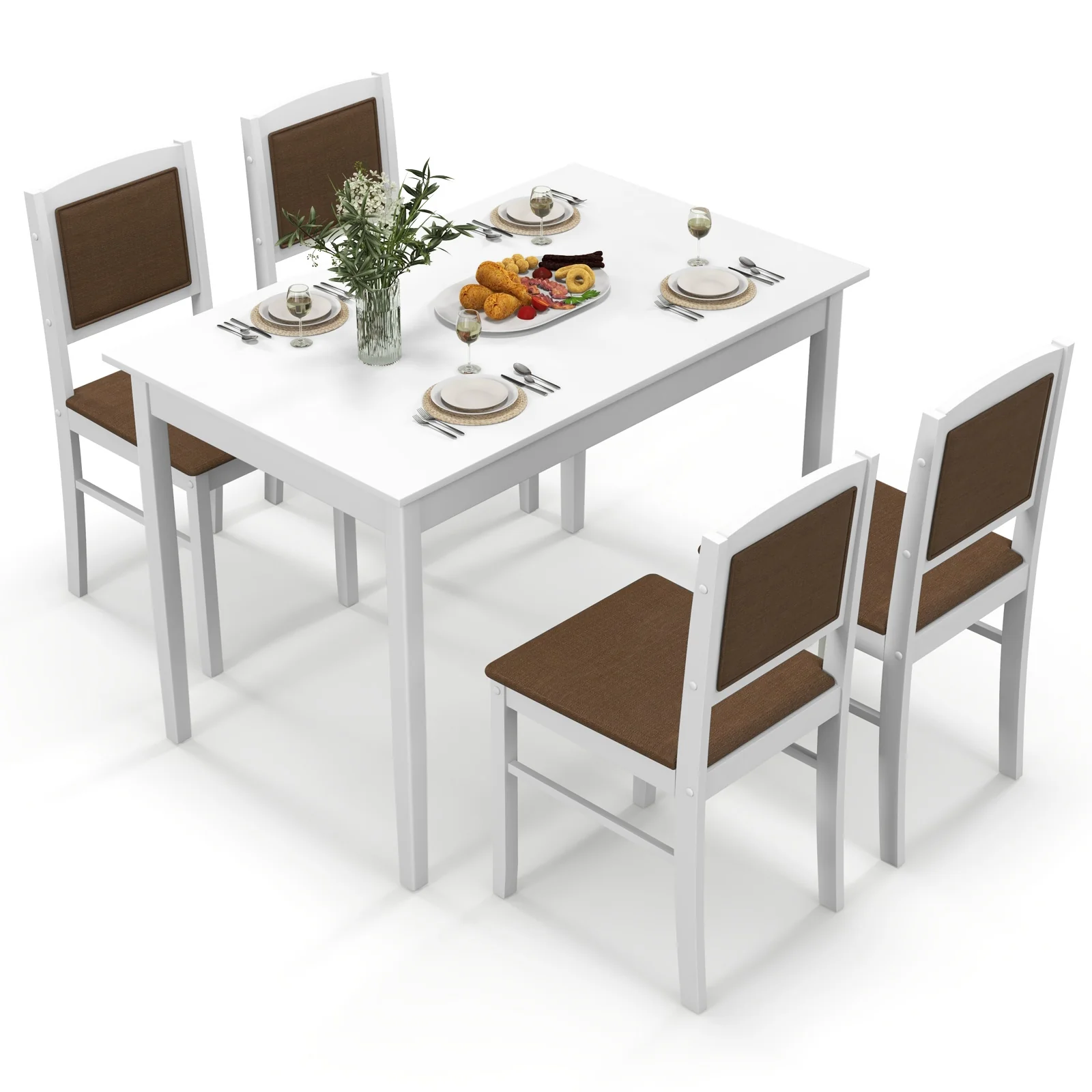 5-Piece Dining Set For 4, Rubber Wood Legs, White - Image 5