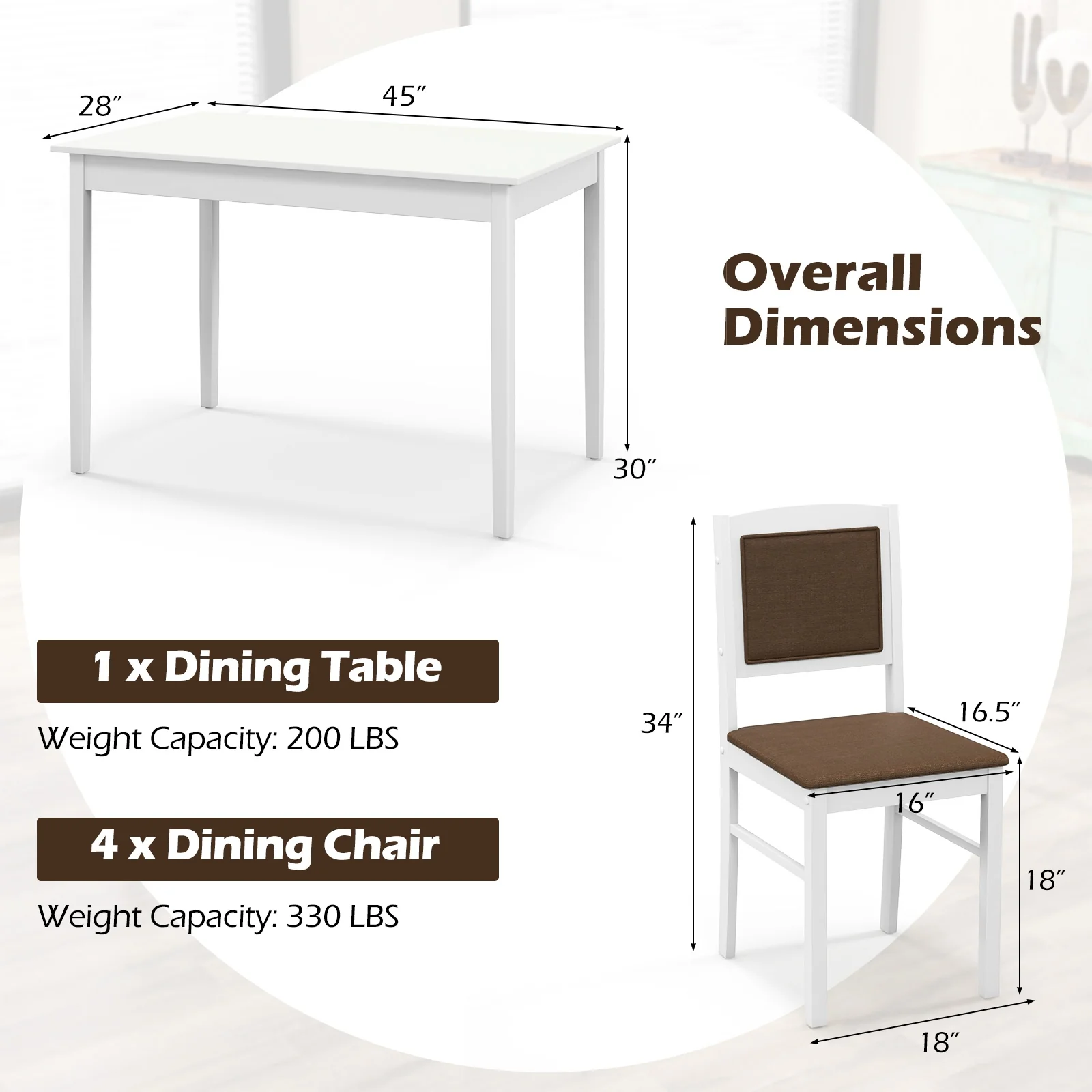 5-Piece Dining Set For 4, Rubber Wood Legs, White - Image 6