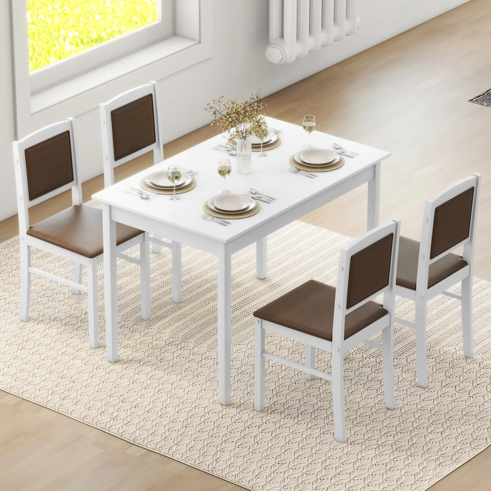 5-Piece Dining Set For 4, Rubber Wood Legs, White - Image 7