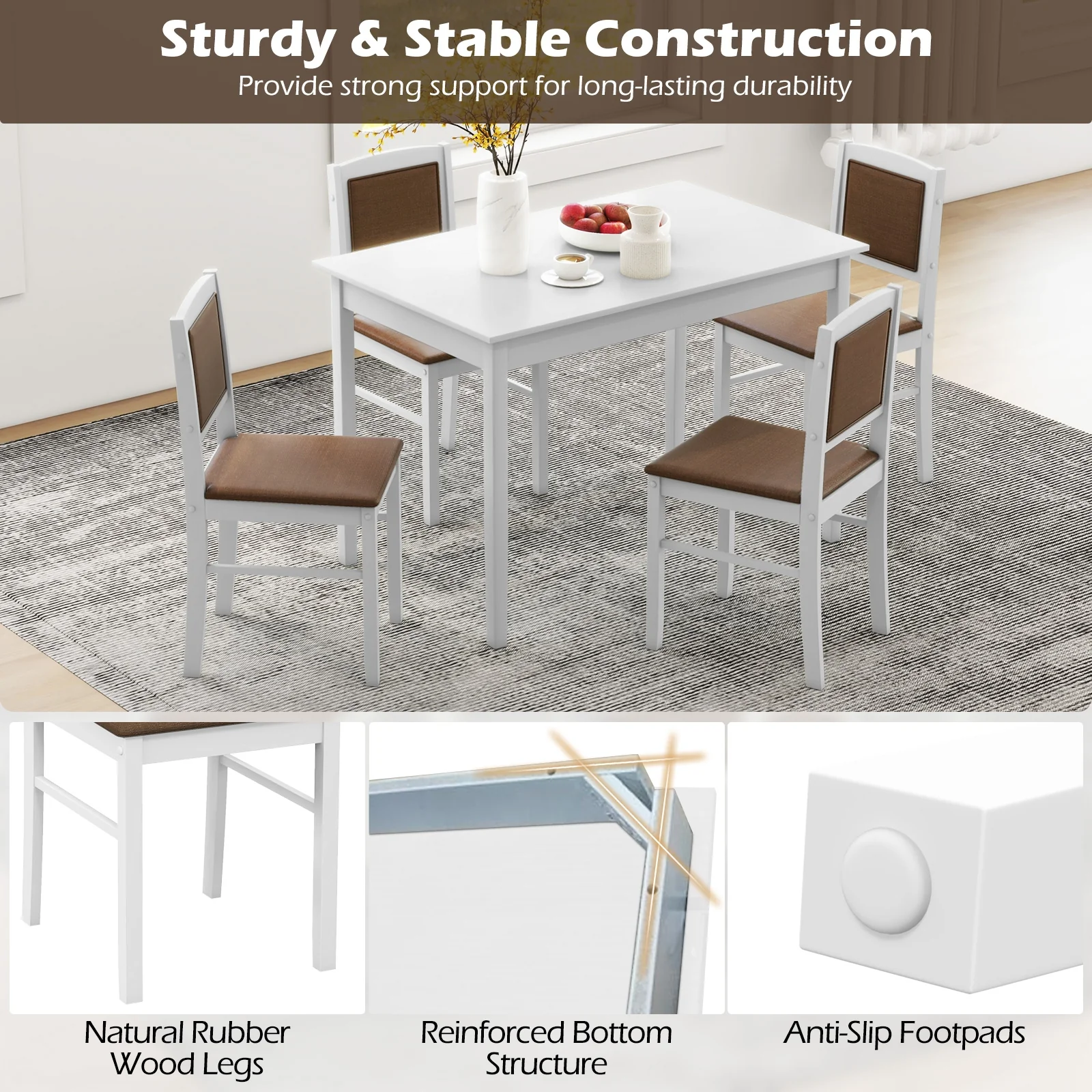 5-Piece Dining Set For 4, Rubber Wood Legs, White - Image 8