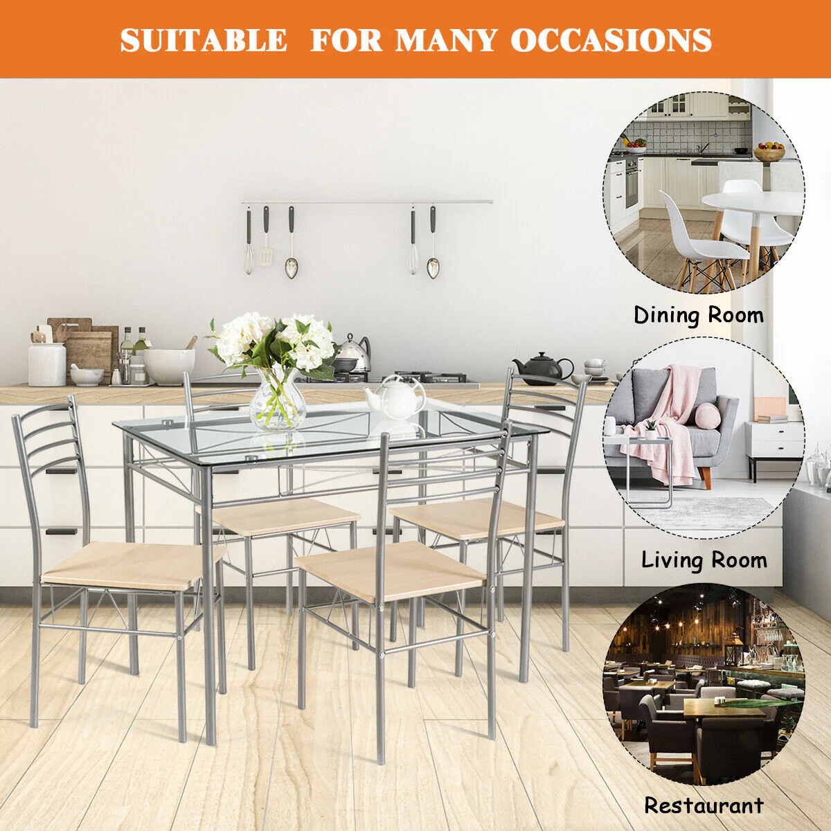 5 Piece Dining Set, Glass Table And 4 Chairs, Natural - Image 10