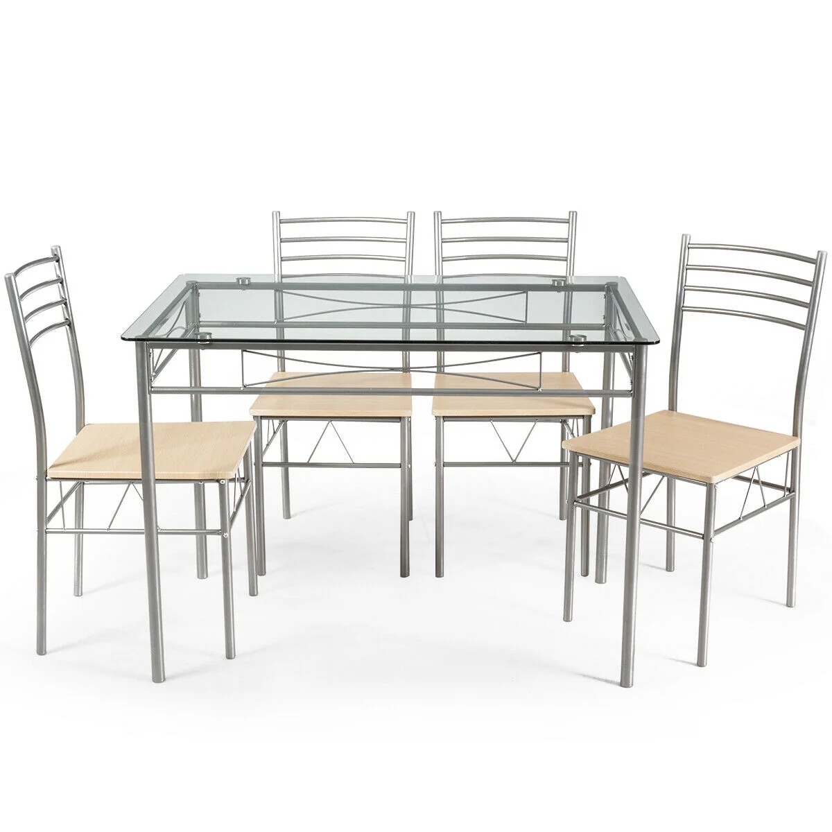 5 Piece Dining Set, Glass Table And 4 Chairs, Natural - Image 2