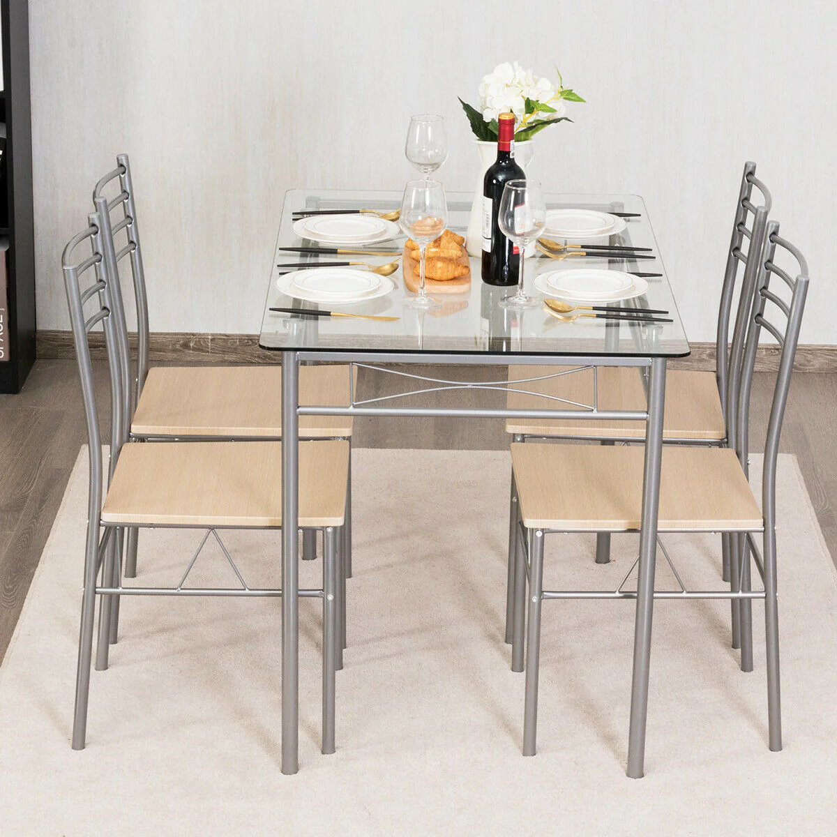 5 Piece Dining Set, Glass Table And 4 Chairs, Natural - Image 3
