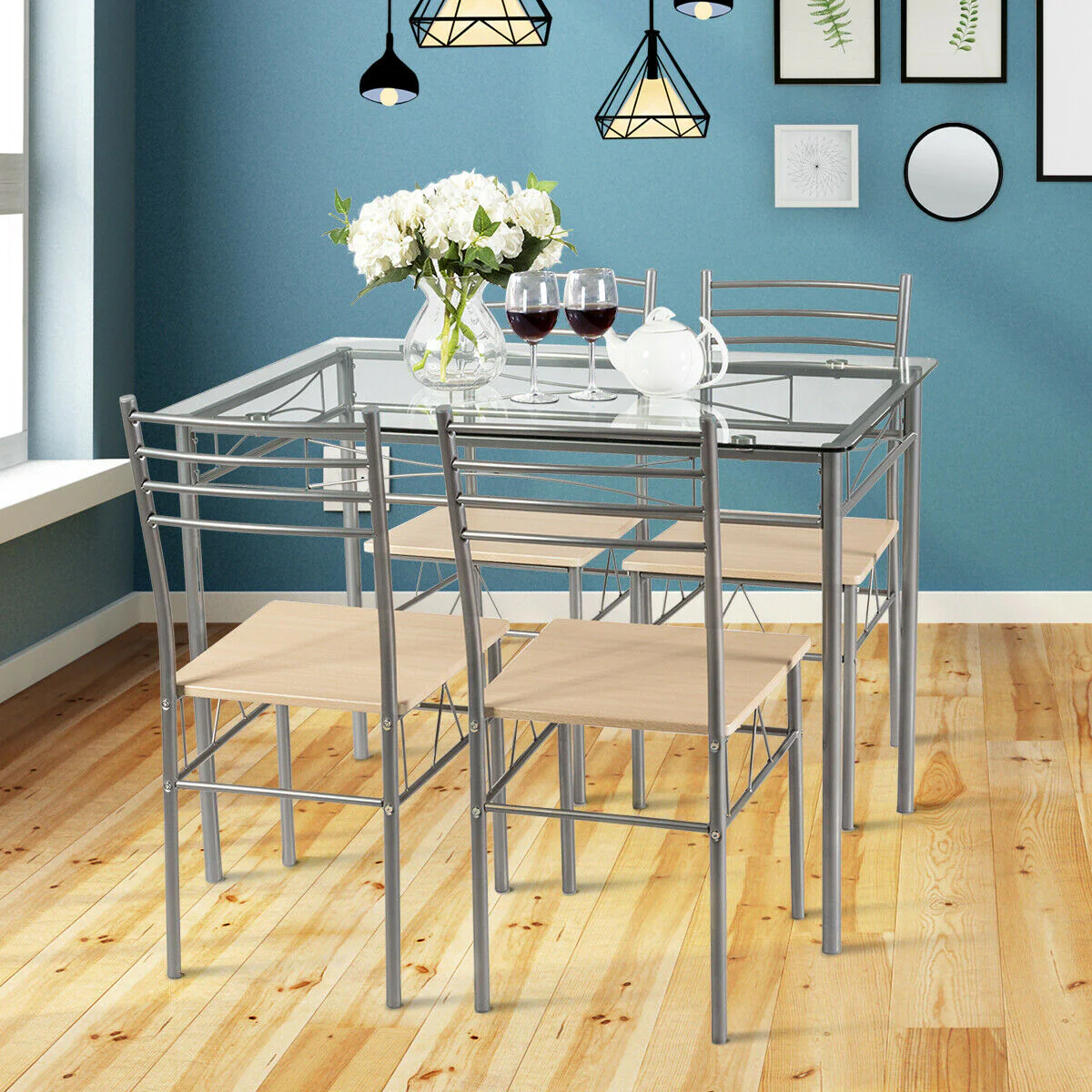 5 Piece Dining Set, Glass Table And 4 Chairs, Natural - Image 4