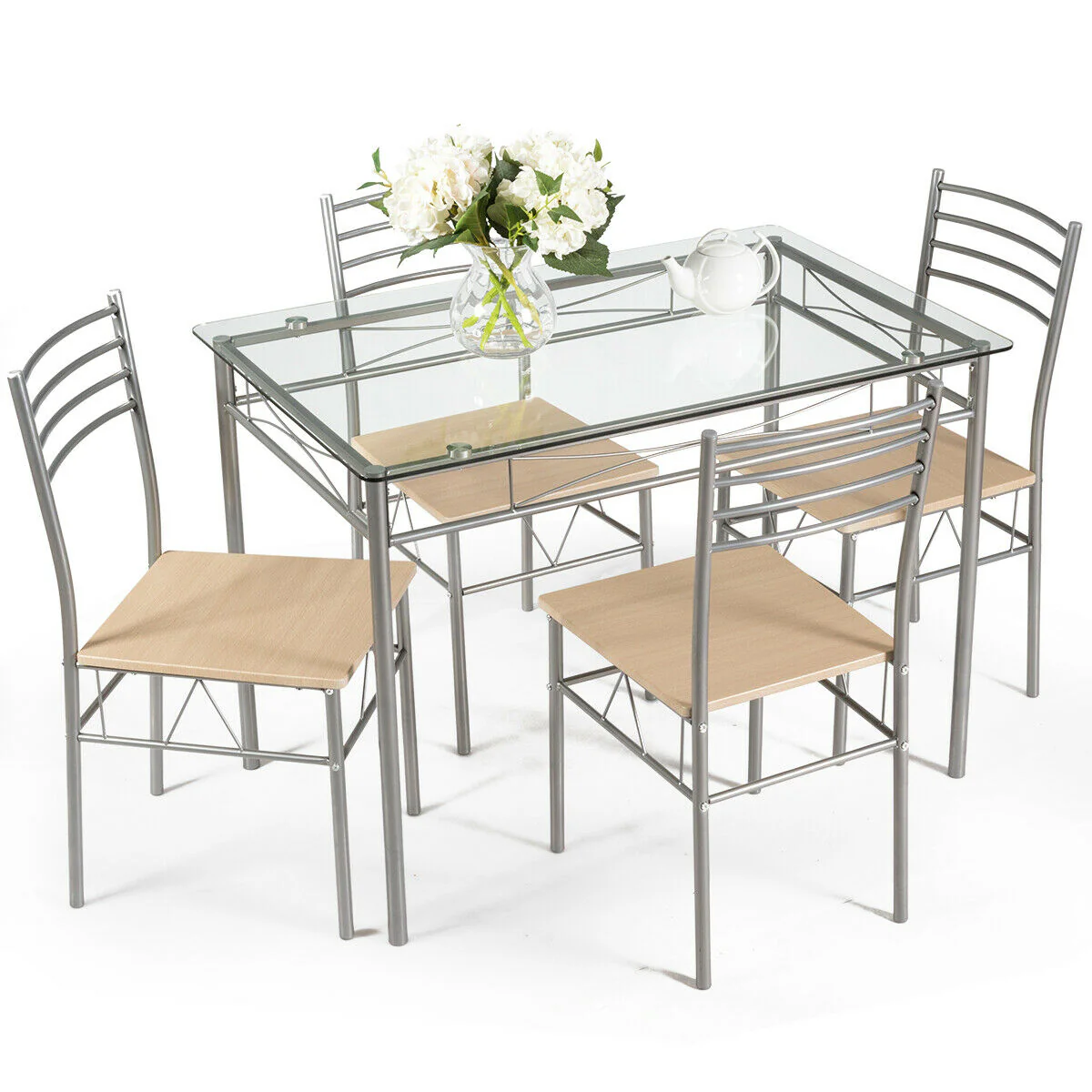 5 Piece Dining Set, Glass Table And 4 Chairs, Natural - Image 5