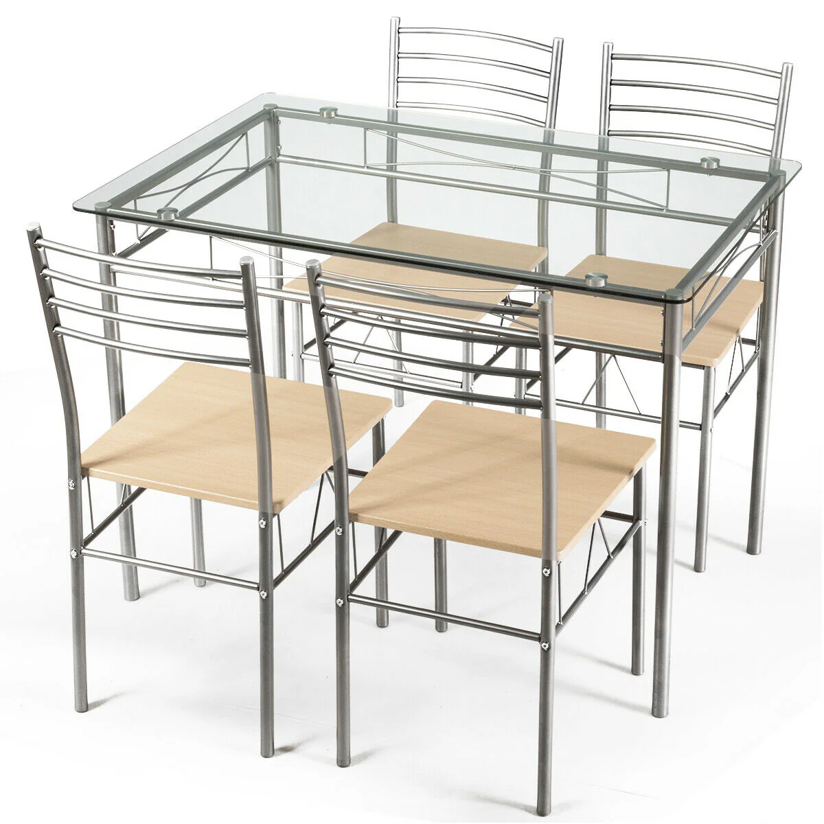 5 Piece Dining Set, Glass Table And 4 Chairs, Natural - Image 6
