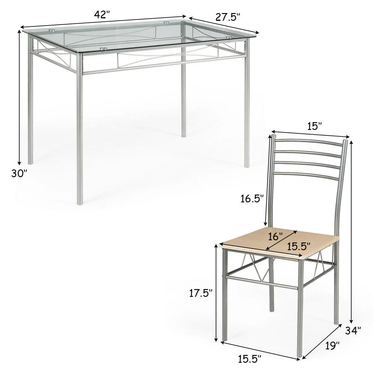 5 Piece Dining Set, Glass Table And 4 Chairs, Natural - Image 7