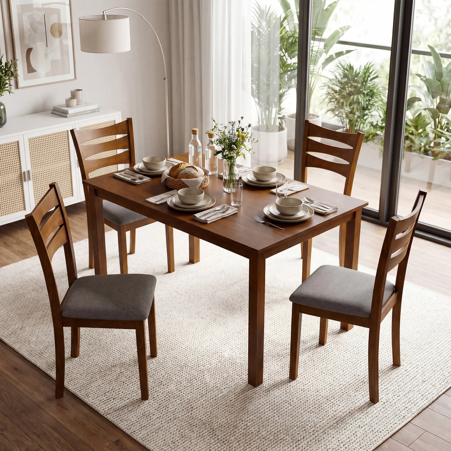 5-Piece Dining Set, Linen Chairs, Rubber Wood Frame - Image 2