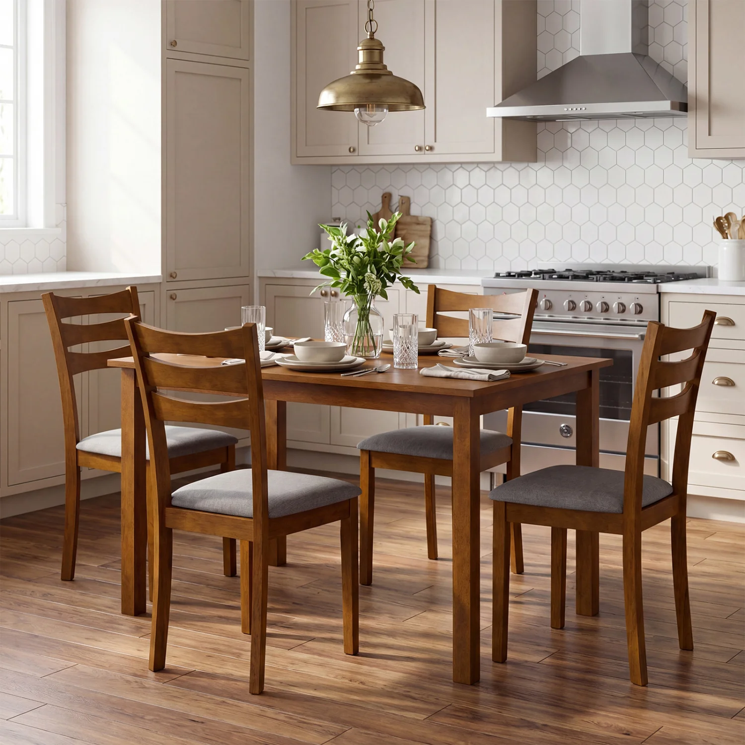 5-Piece Dining Set, Linen Chairs, Rubber Wood Frame - Image 3