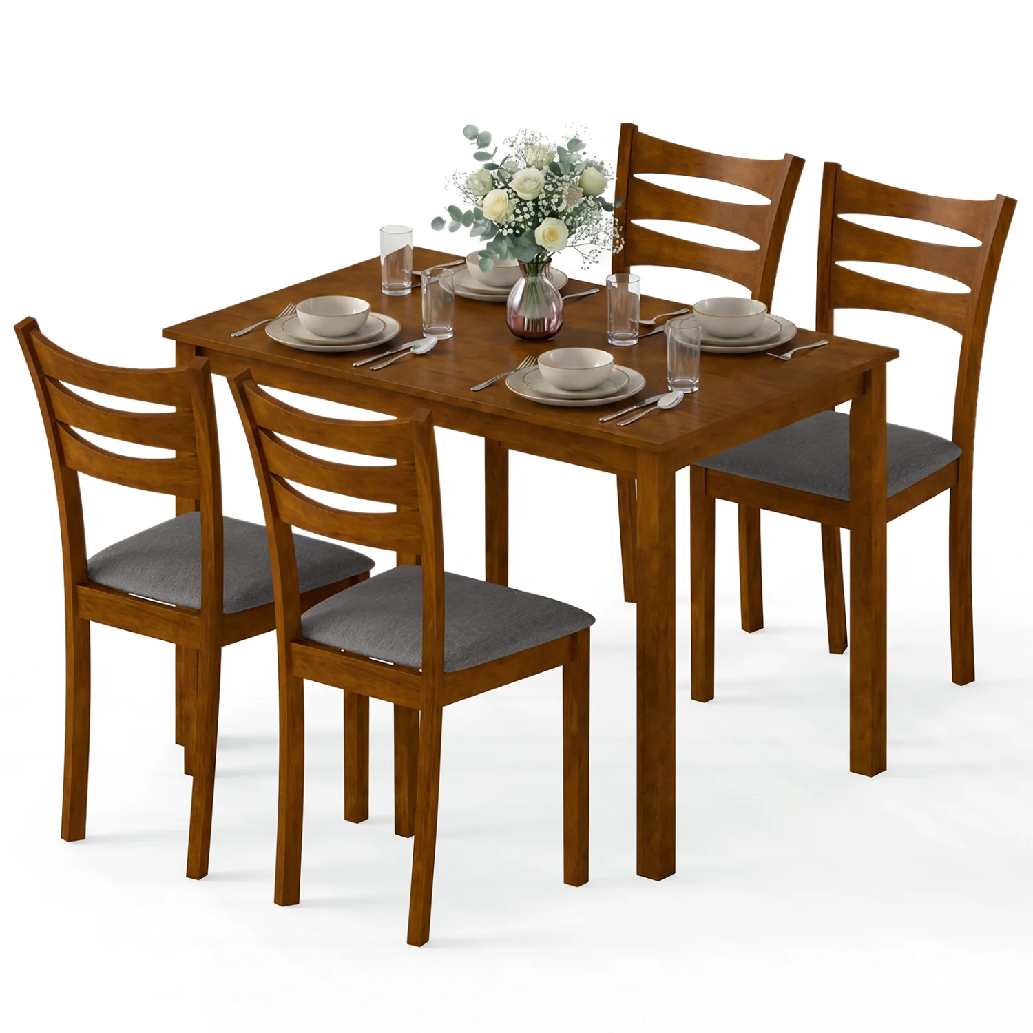5-Piece Dining Set, Linen Chairs, Rubber Wood Frame - Image 4