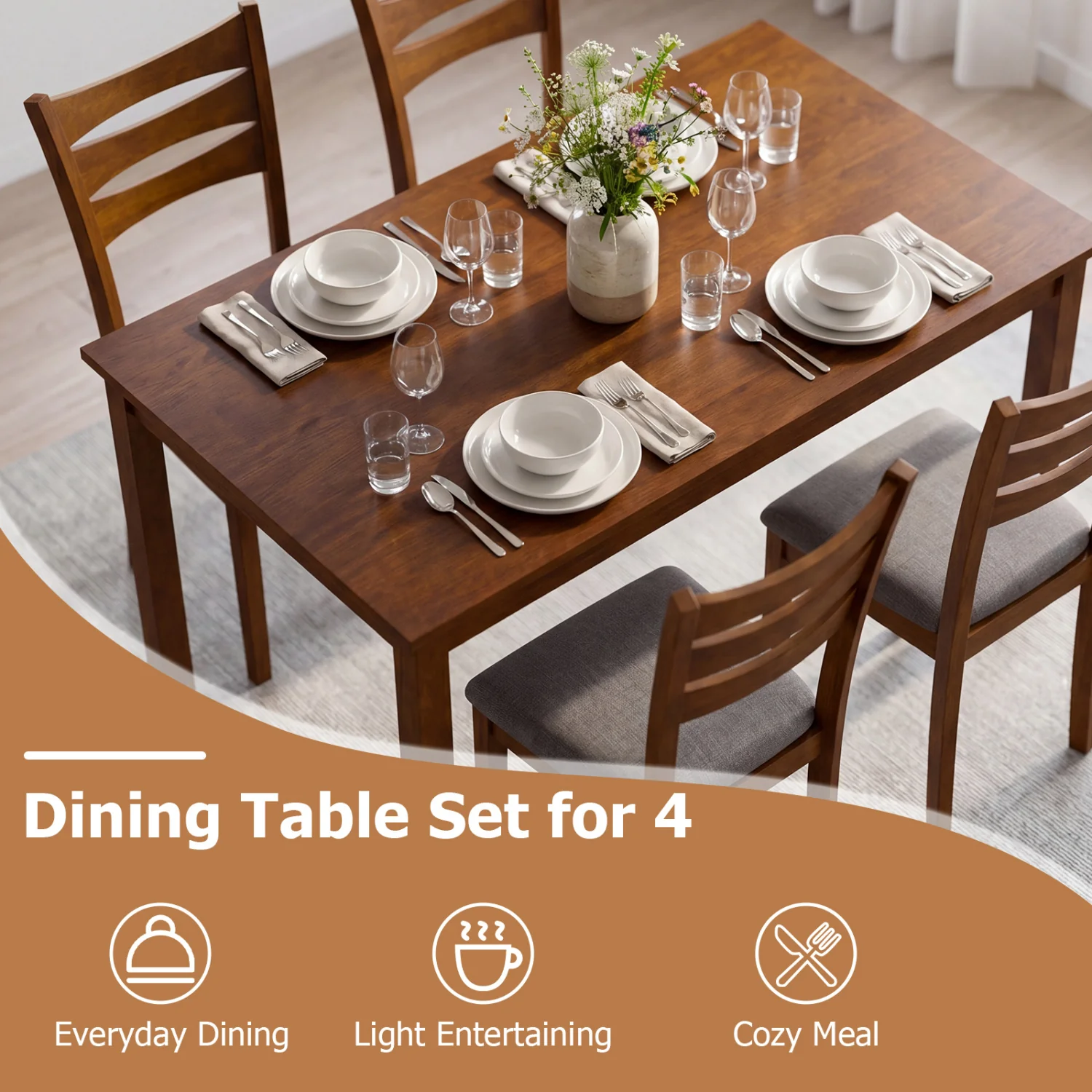 5-Piece Dining Set, Linen Chairs, Rubber Wood Frame - Image 6