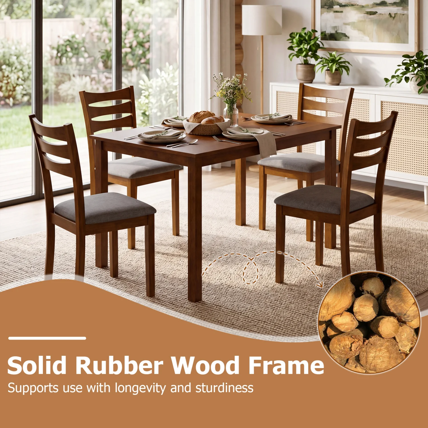 5-Piece Dining Set, Linen Chairs, Rubber Wood Frame - Image 7