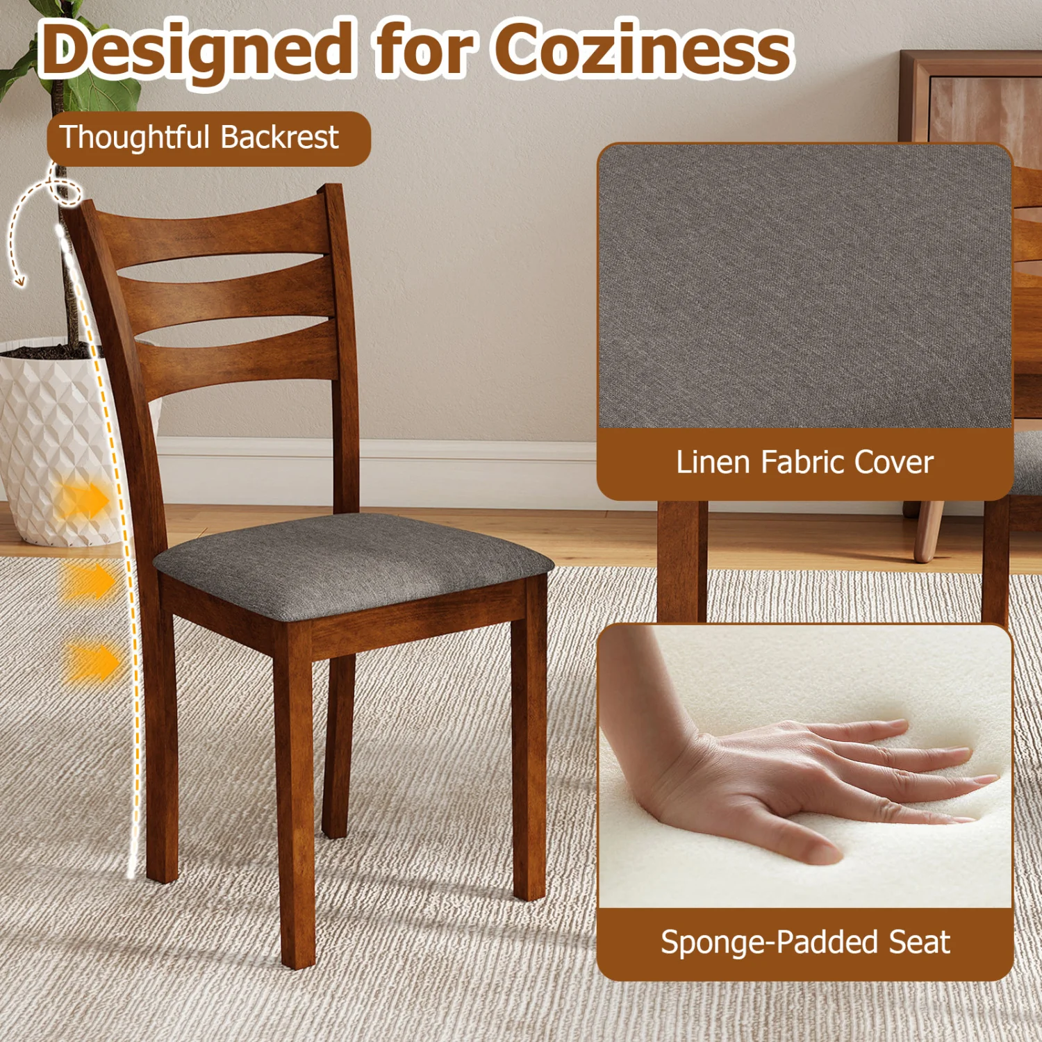 5-Piece Dining Set, Linen Chairs, Rubber Wood Frame - Image 8