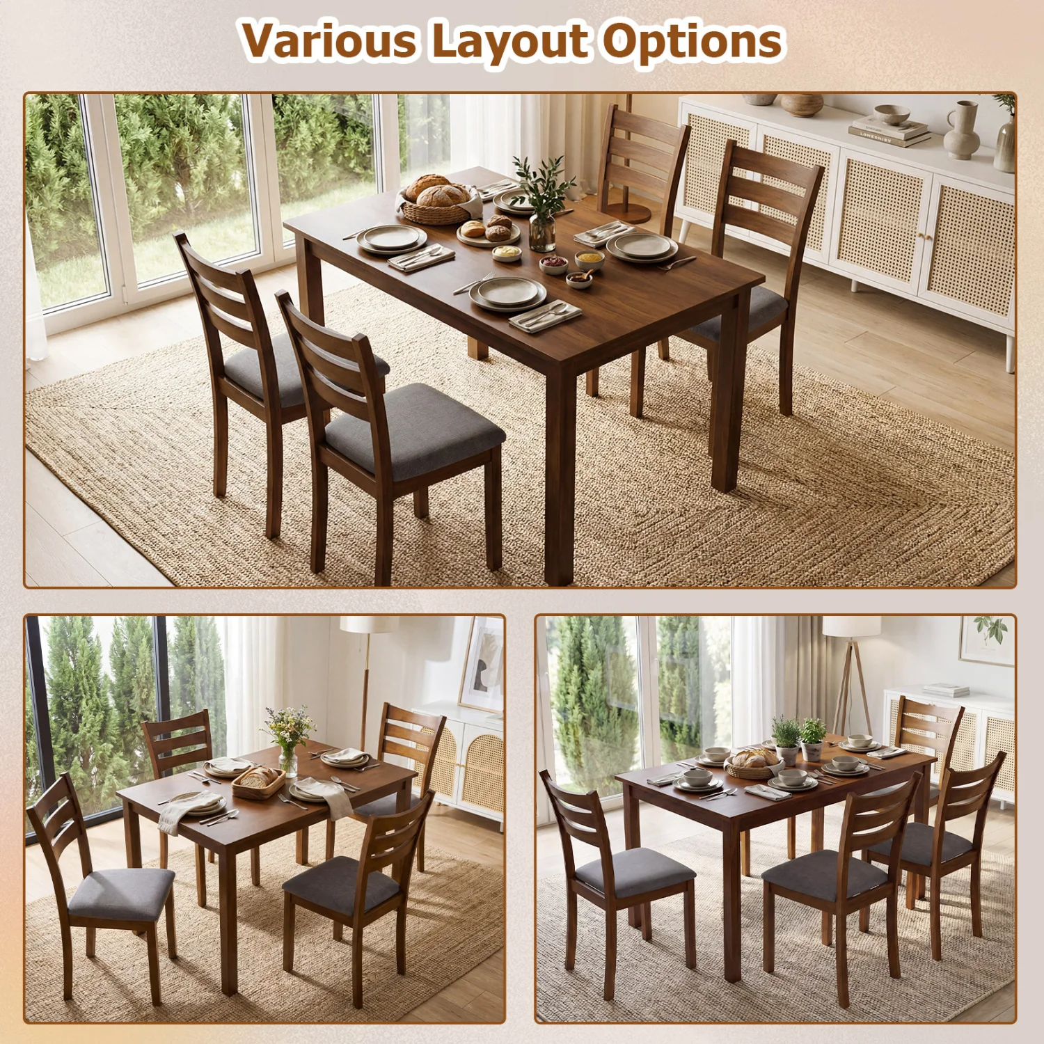 5-Piece Dining Set, Linen Chairs, Rubber Wood Frame - Image 9