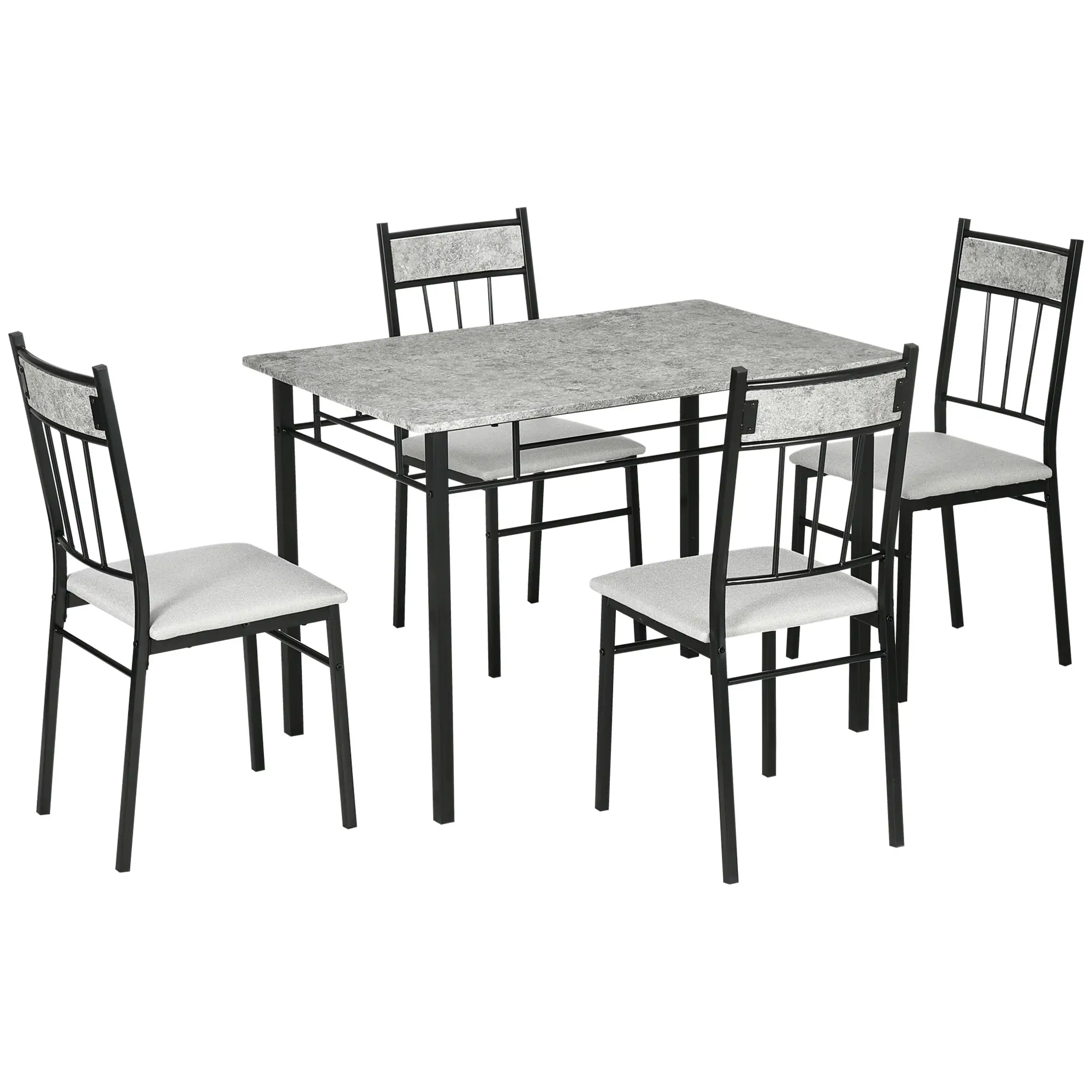 5-Piece Dining Set, Marble Tabletop, Padded Chairs, Metal Frame, Grey