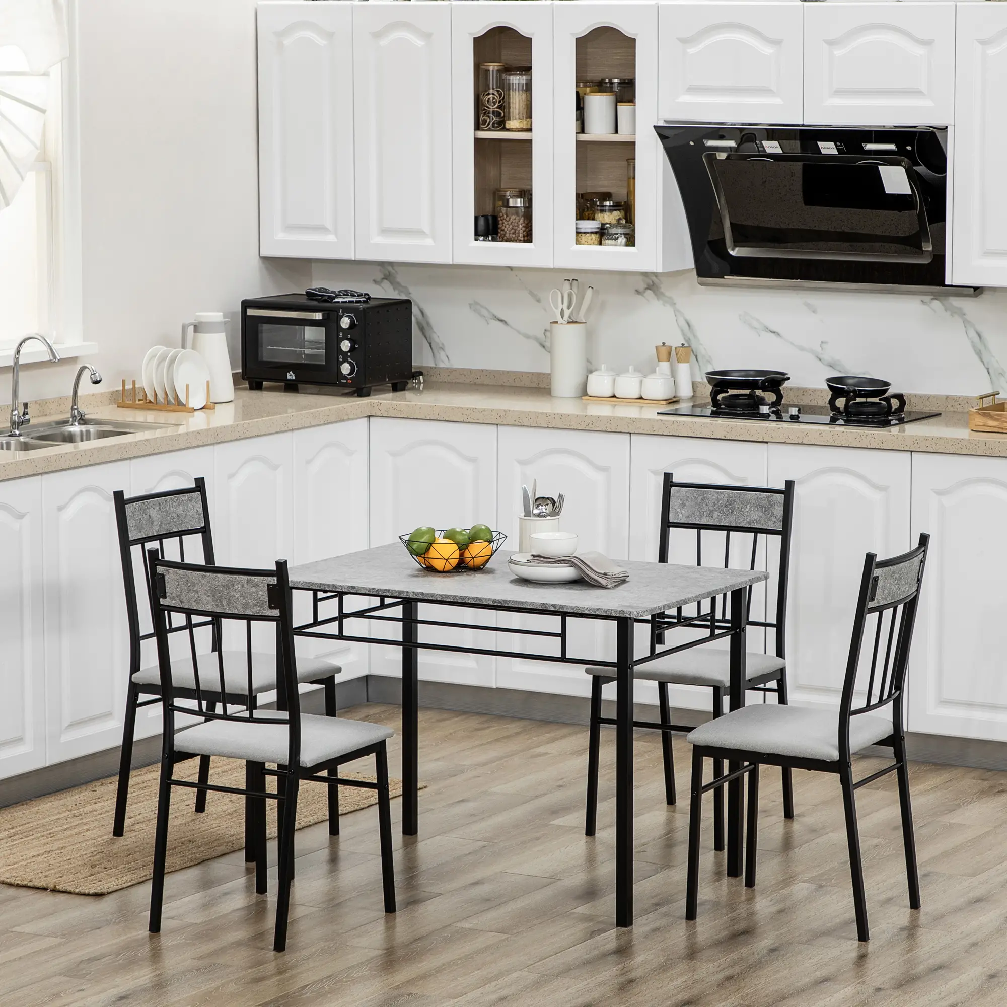5-Piece Dining Set, Marble Tabletop, Padded Chairs, Metal Frame, Grey - Image 2