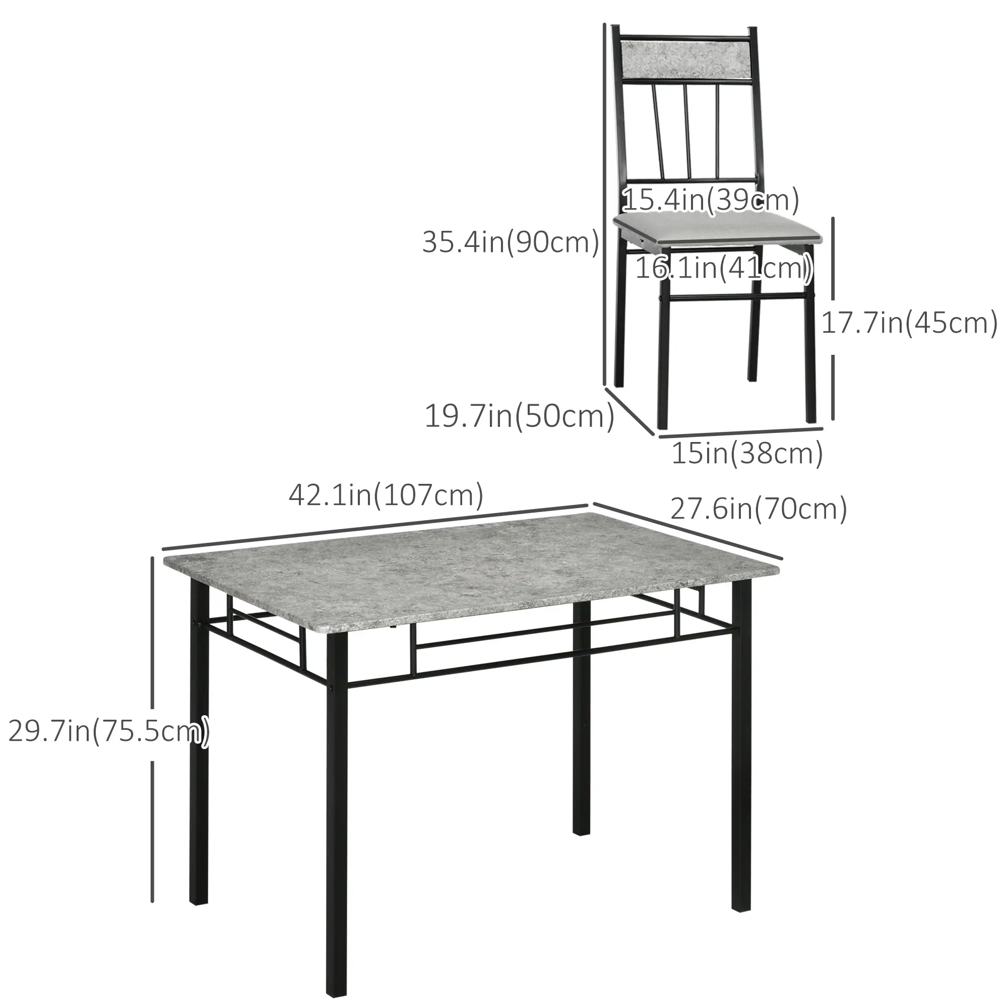 5-Piece Dining Set, Marble Tabletop, Padded Chairs, Metal Frame, Grey - Image 3