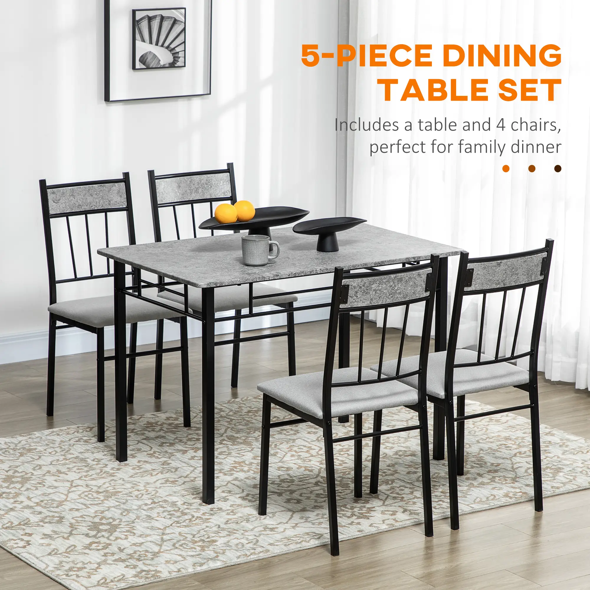 5-Piece Dining Set, Marble Tabletop, Padded Chairs, Metal Frame, Grey - Image 4