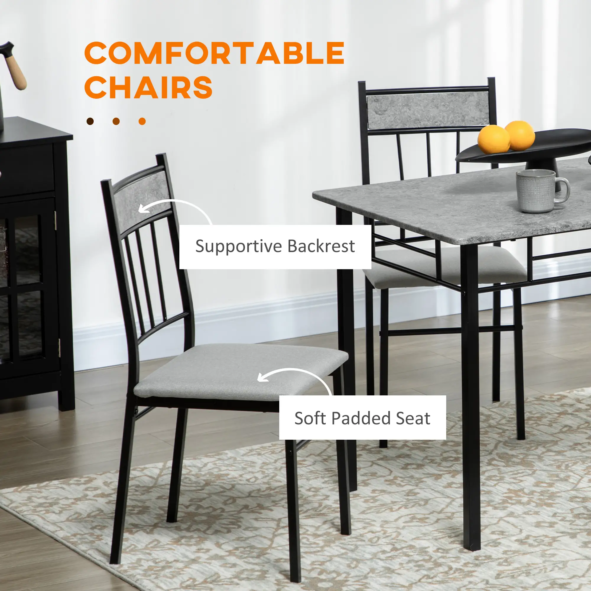 5-Piece Dining Set, Marble Tabletop, Padded Chairs, Metal Frame, Grey - Image 5