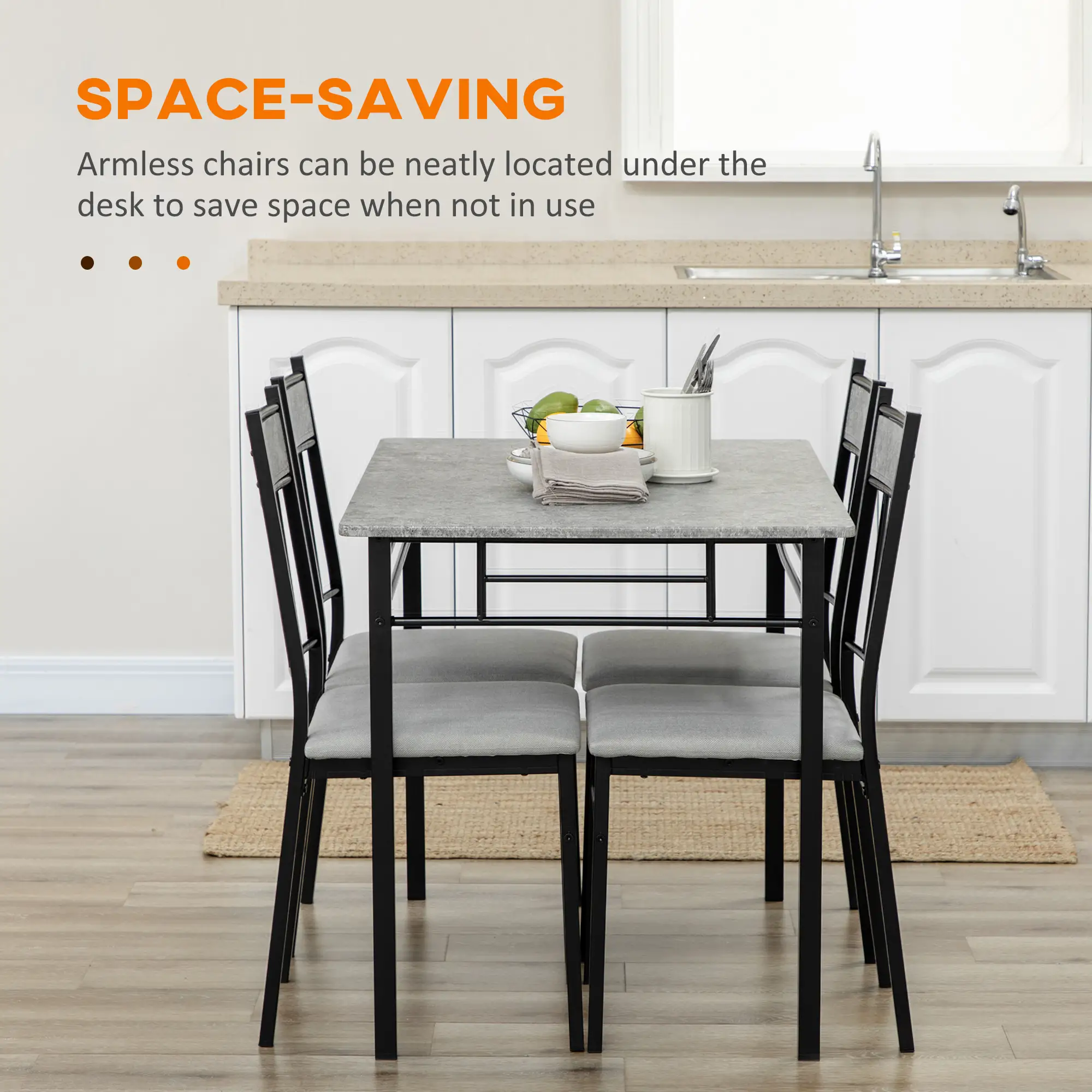 5-Piece Dining Set, Marble Tabletop, Padded Chairs, Metal Frame, Grey - Image 6
