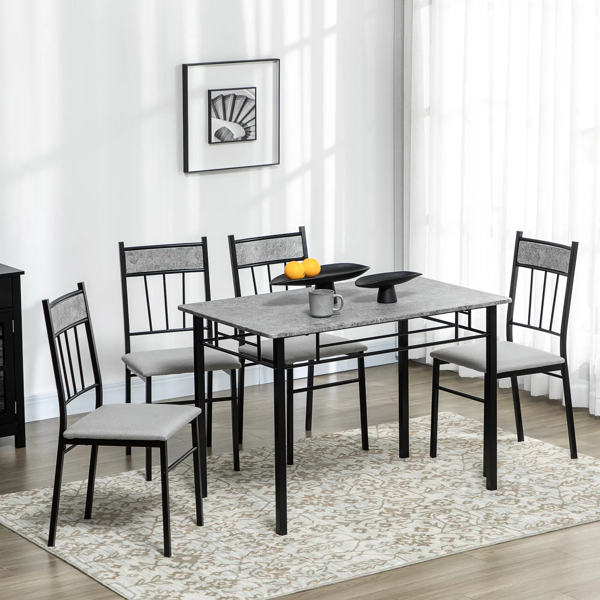 5-Piece Dining Set, Marble Tabletop, Padded Chairs, Metal Frame, Grey - Image 8