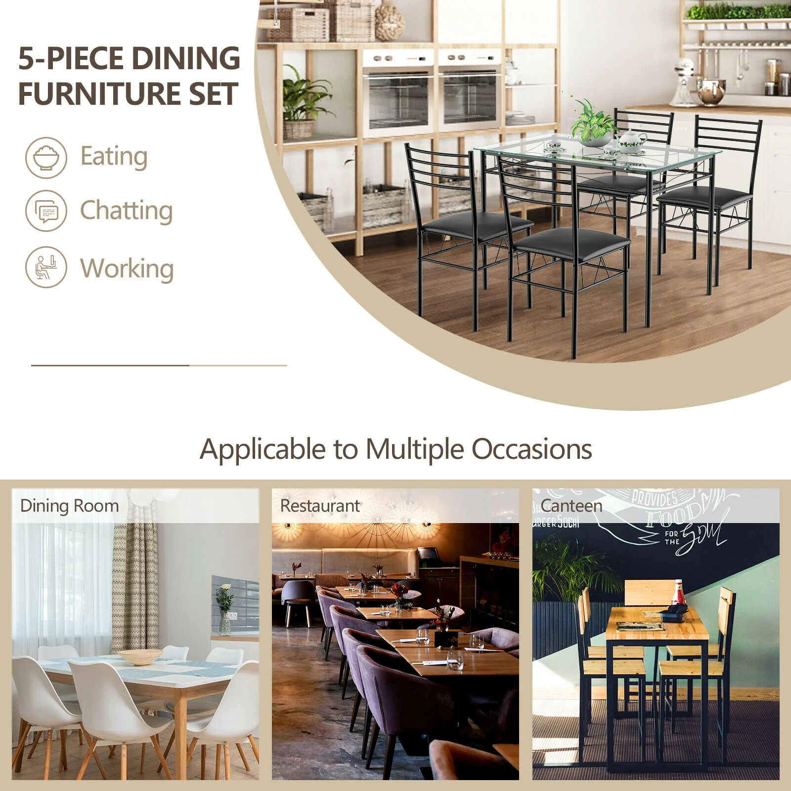 5 Piece Dining Set, Tempered Glass Table, 4 Upholstered Chairs, Black - Image 3