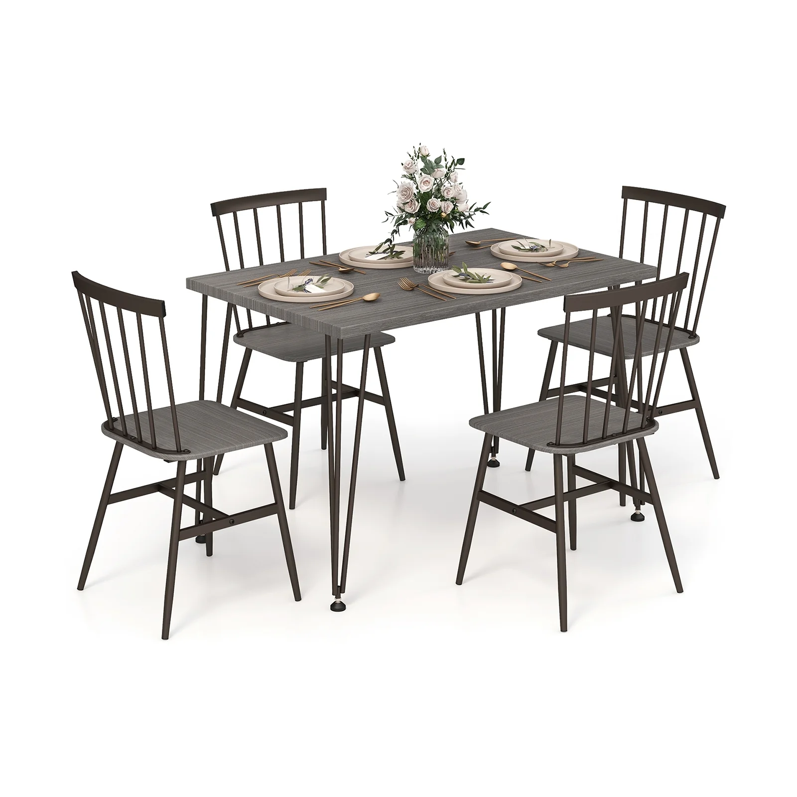 5-Piece Dining Table Set For 4, 360° Swivel Feet, Small Place, Gray, Grey Oak