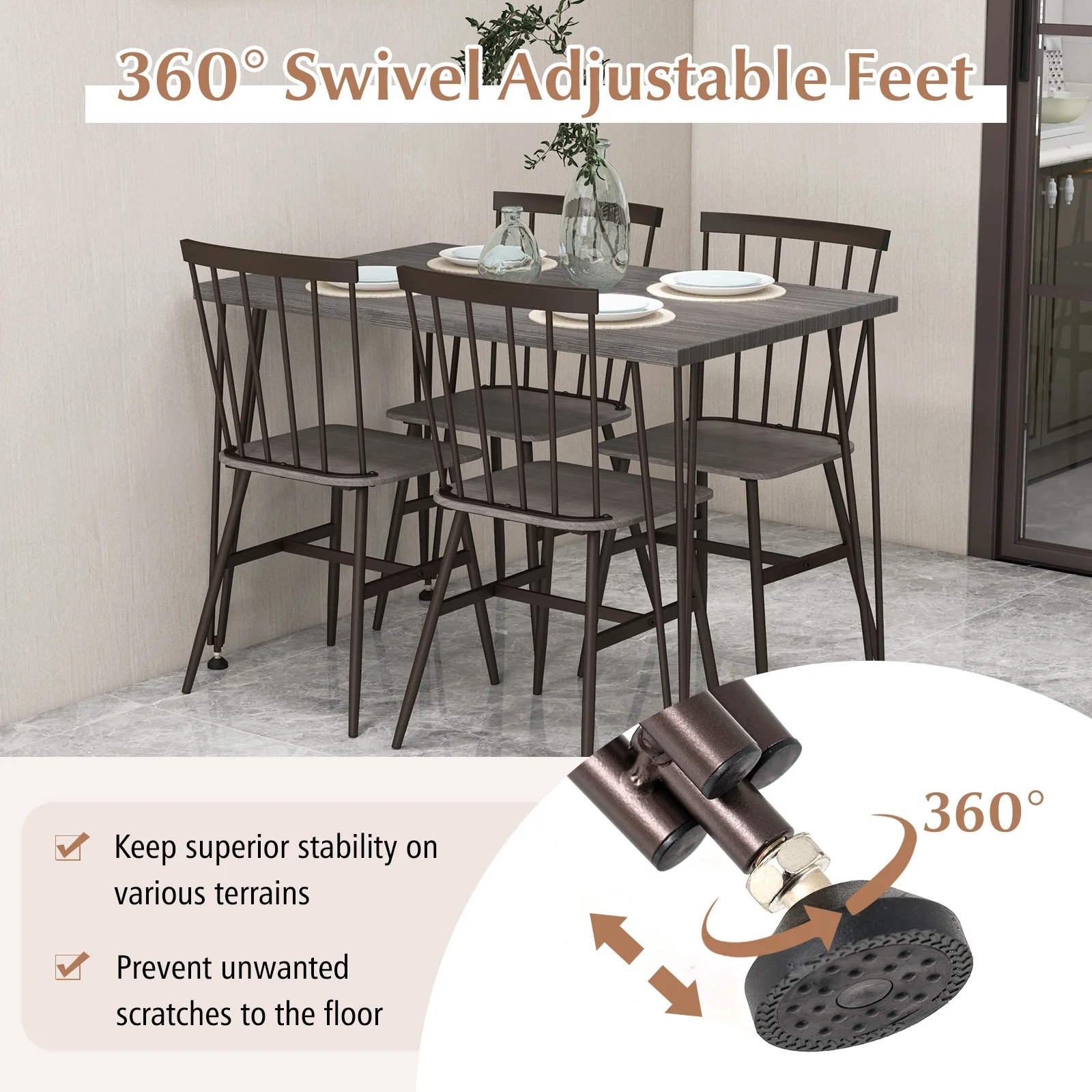 5-Piece Dining Table Set For 4, 360° Swivel Feet, Small Place, Gray, Grey Oak - Image 10