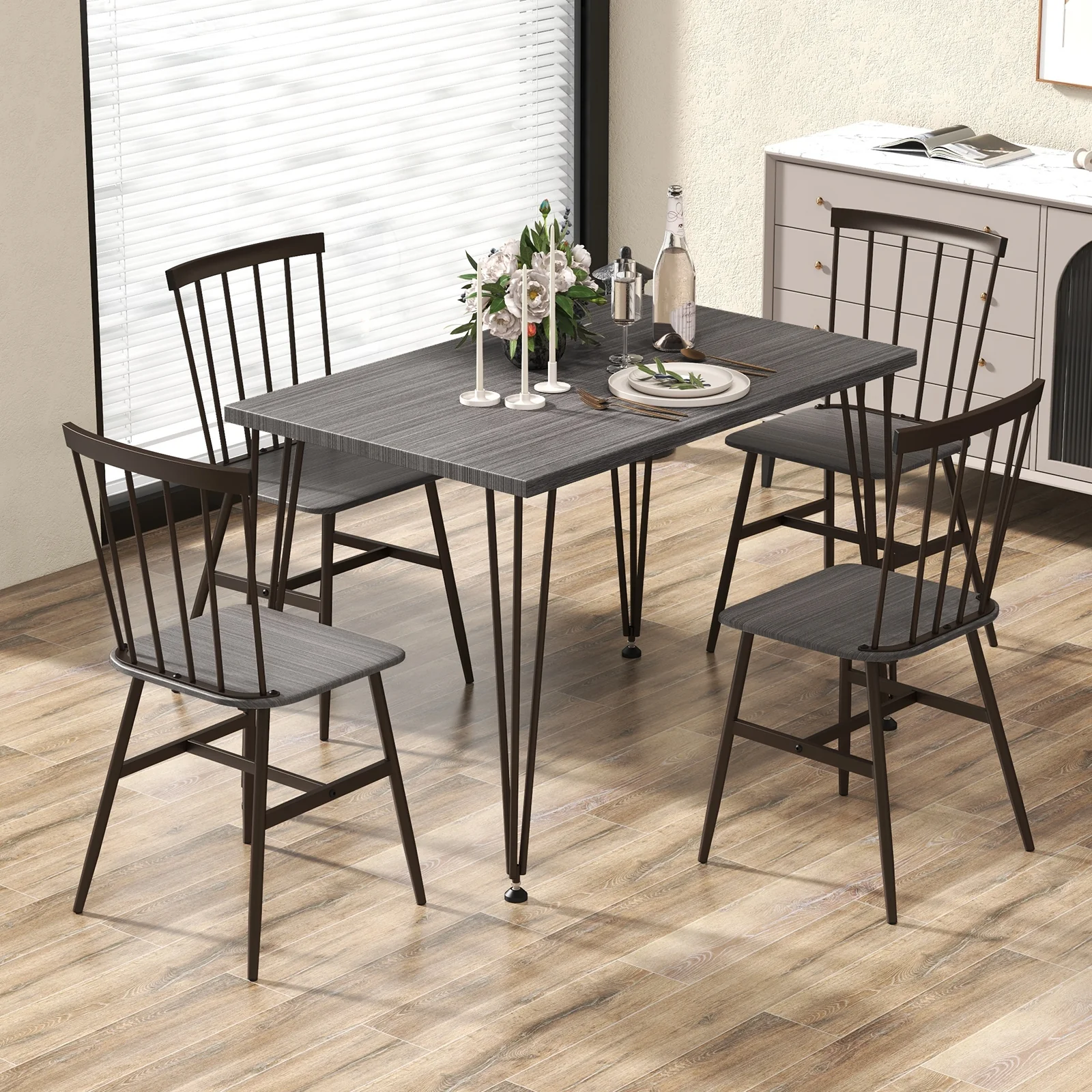 5-Piece Dining Table Set For 4, 360° Swivel Feet, Small Place, Gray, Grey Oak - Image 2