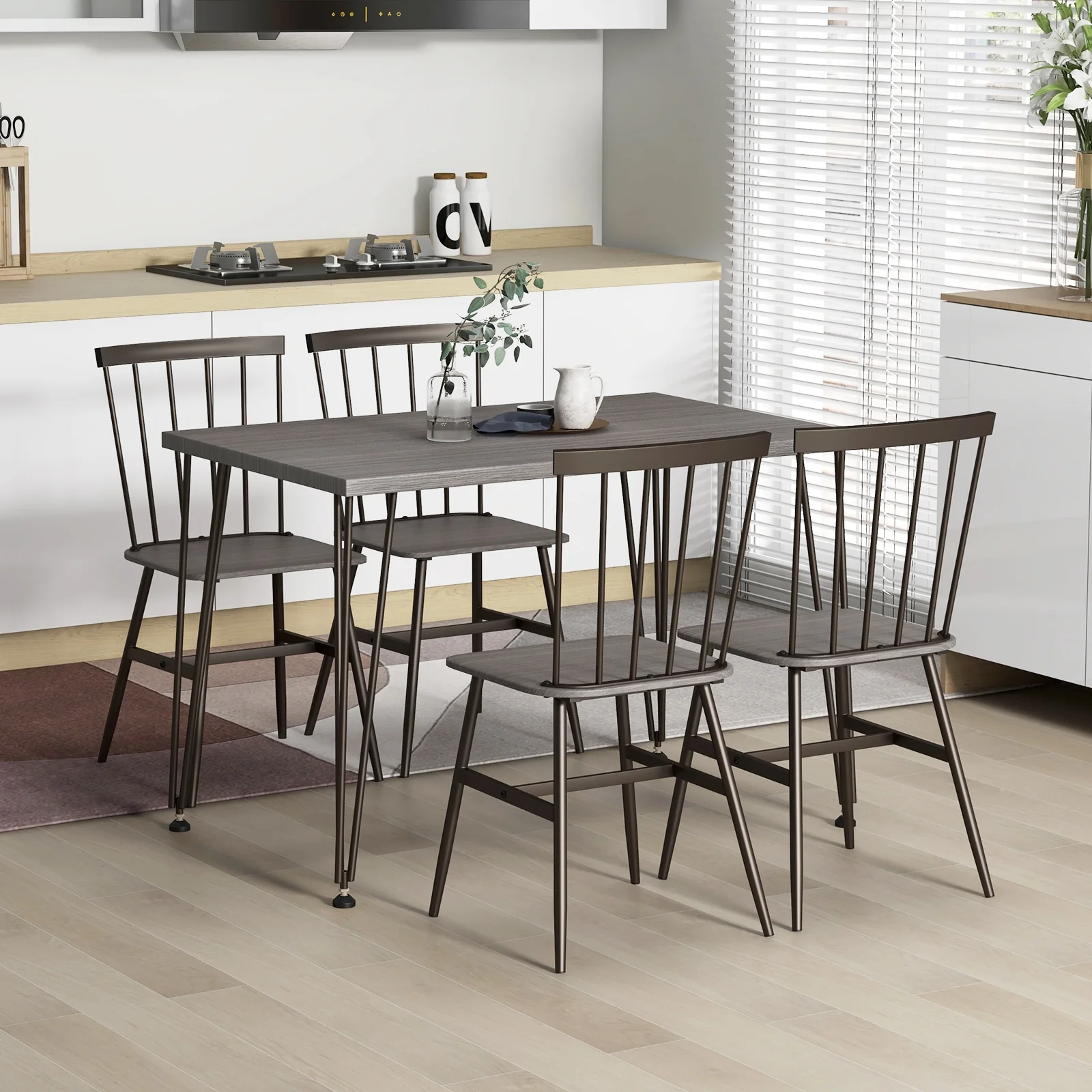 5-Piece Dining Table Set For 4, 360° Swivel Feet, Small Place, Gray, Grey Oak - Image 3