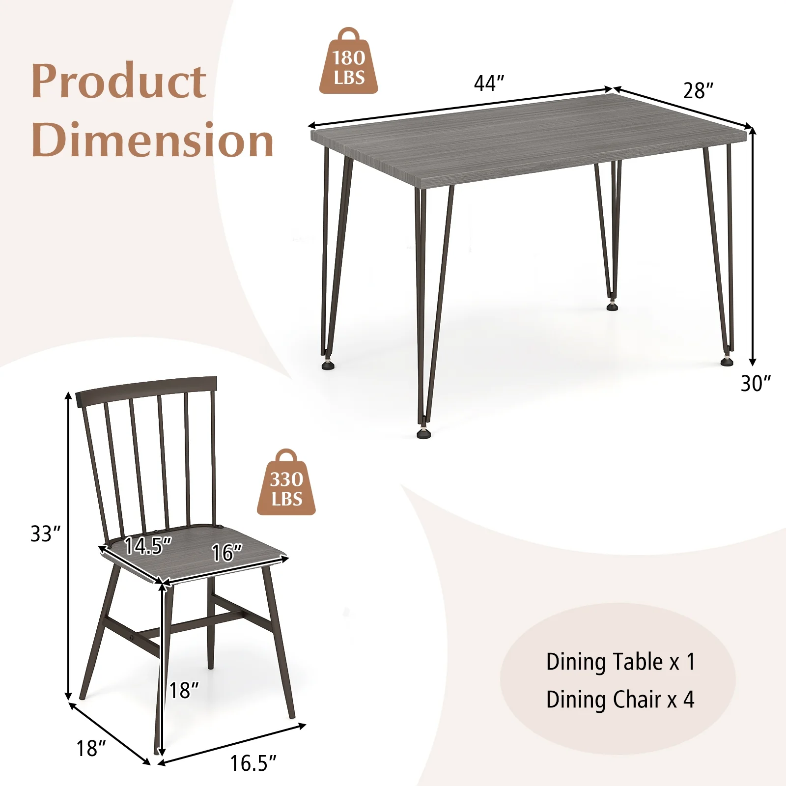 5-Piece Dining Table Set For 4, 360° Swivel Feet, Small Place, Gray, Grey Oak - Image 6