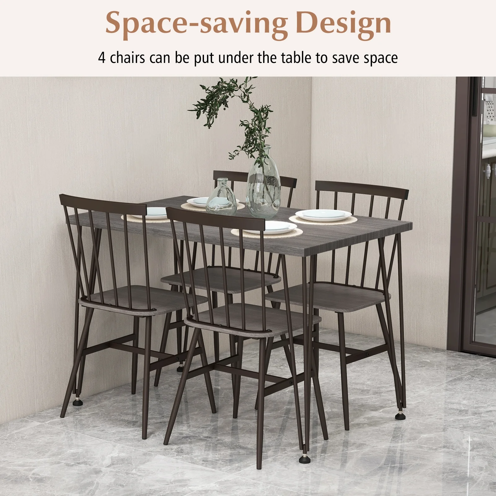 5-Piece Dining Table Set For 4, 360° Swivel Feet, Small Place, Gray, Grey Oak - Image 7