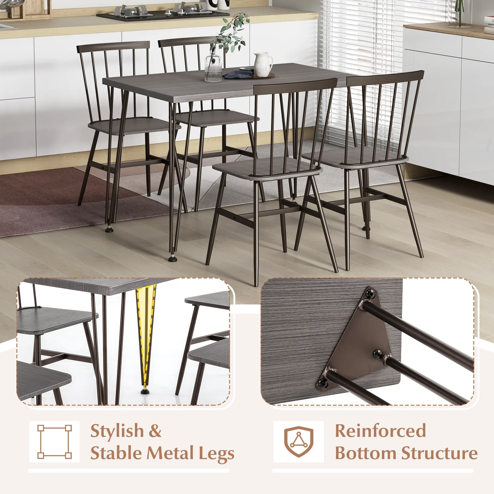 5-Piece Dining Table Set For 4, 360° Swivel Feet, Small Place, Gray, Grey Oak - Image 9