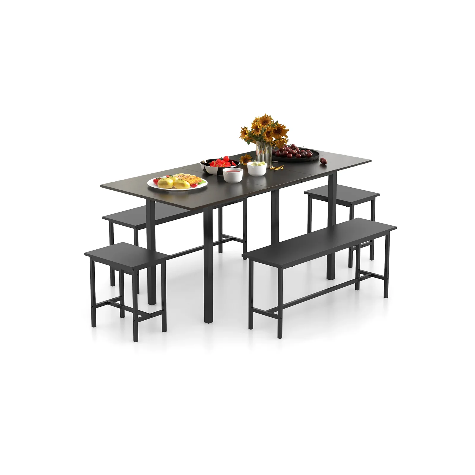5 Piece Dining Table Set For 4-6, 2 Benches 2 Stools, Black
