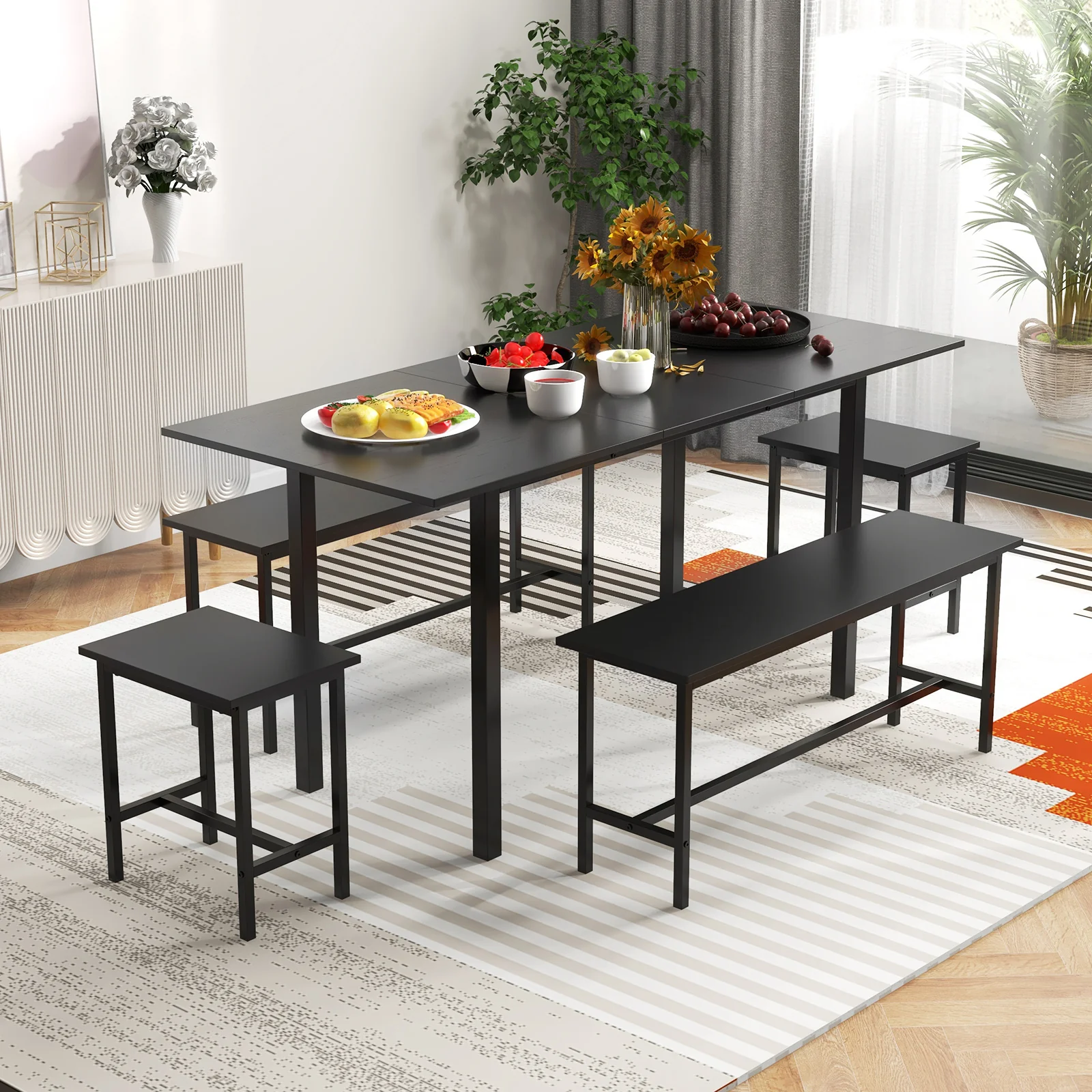 5 Piece Dining Table Set For 4-6, 2 Benches 2 Stools, Black - Image 2