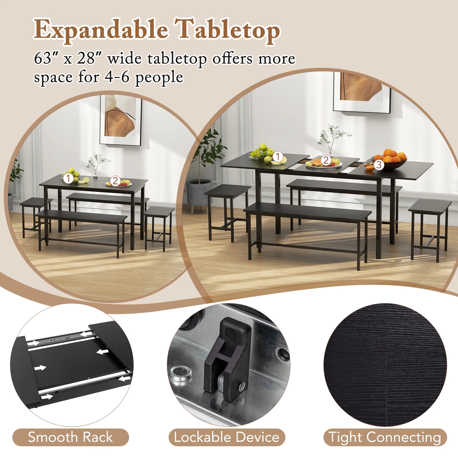 5 Piece Dining Table Set For 4-6, 2 Benches 2 Stools, Black - Image 6