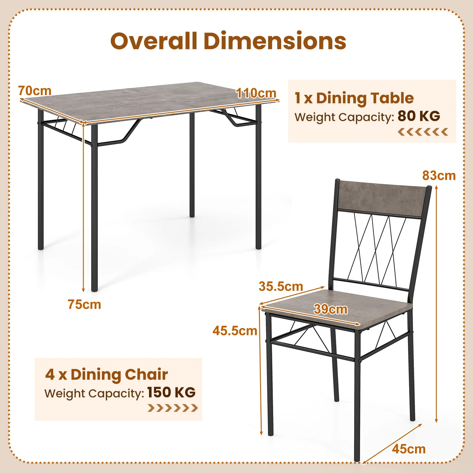 5-Piece Dining Table Set For 4, Kitchen Table And 4 Chairs, Gray - Image 6