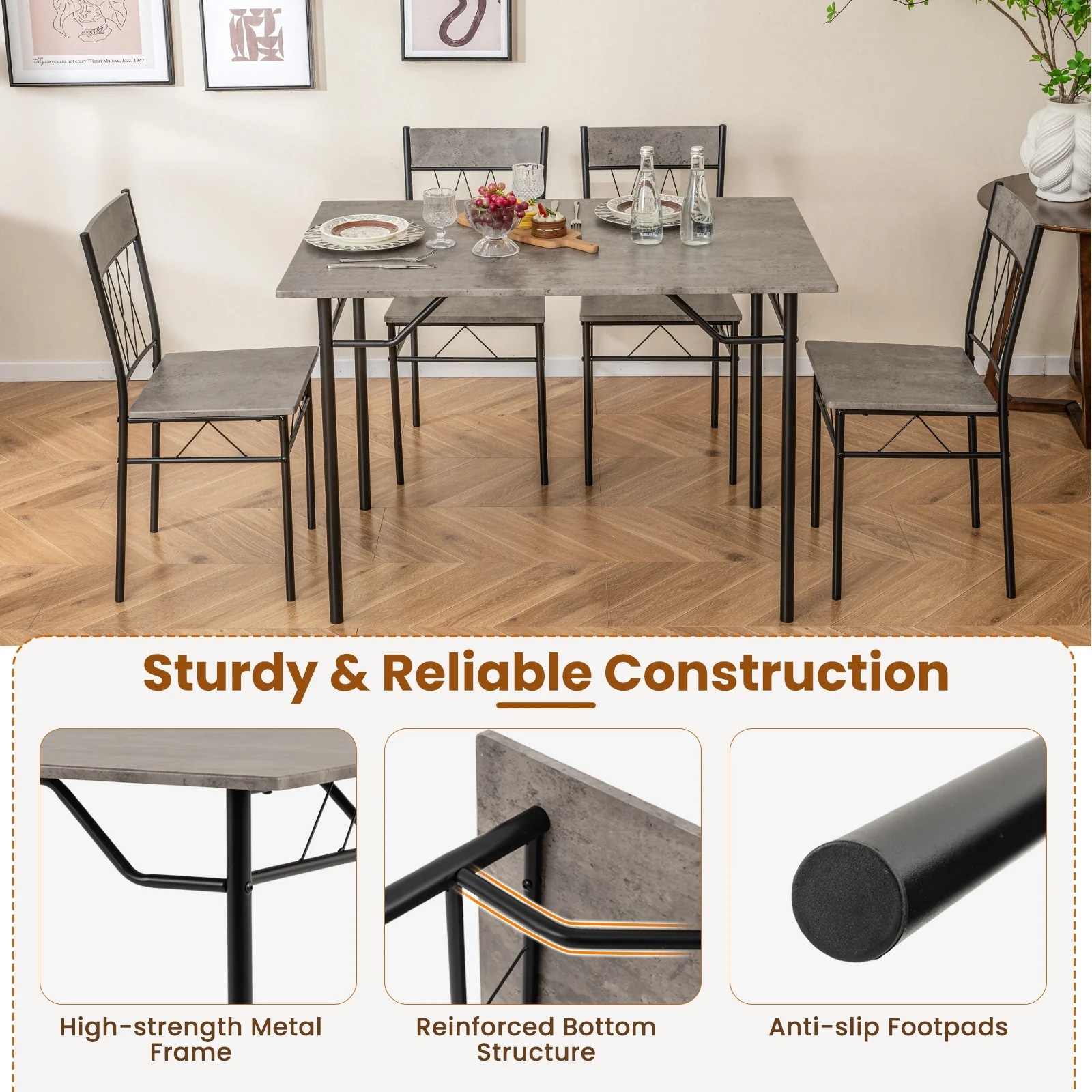 5-Piece Dining Table Set For 4, Kitchen Table And 4 Chairs, Gray - Image 8
