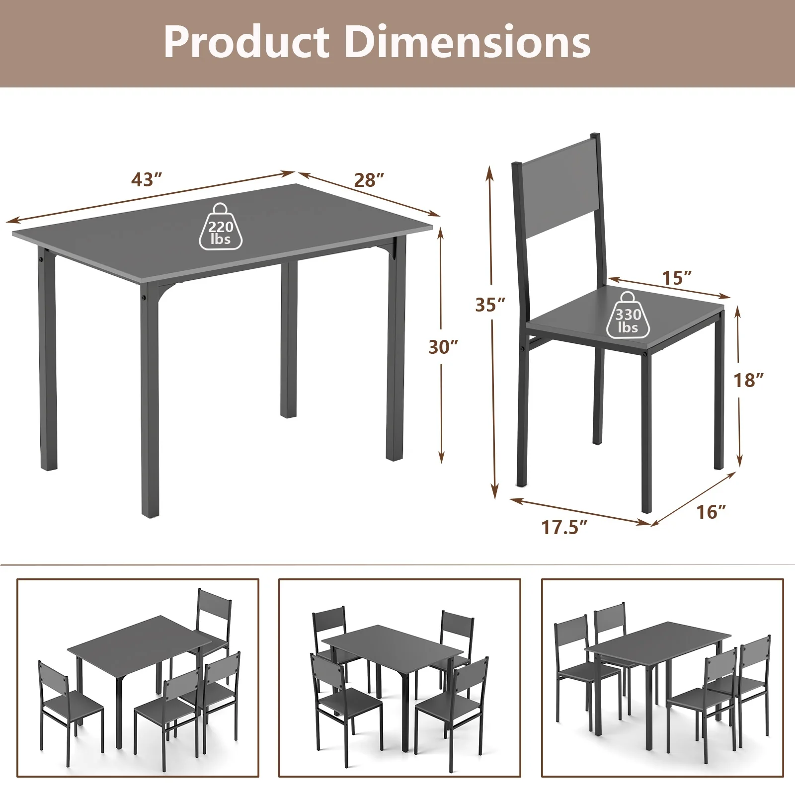 5 Piece Dining Table Set, Industrial Style, Kitchen Table And Chairs For 4, Gray - Image 7