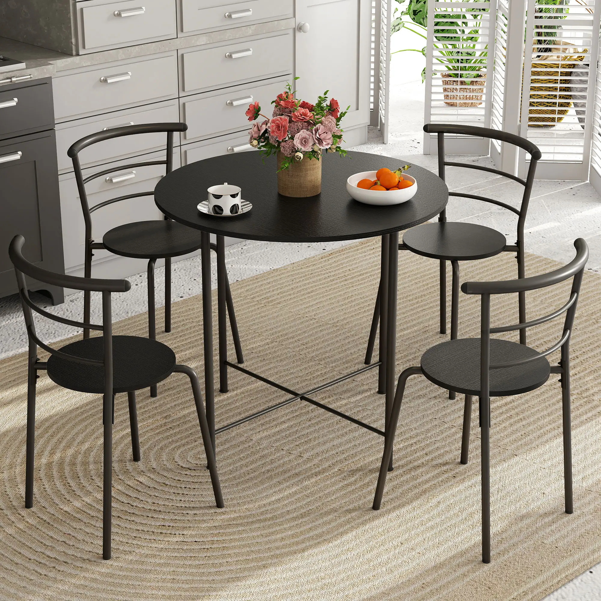 5 Piece Dining Table Set, Round for 4, Metal Frame, Black Wood Grain, Black - Image 10