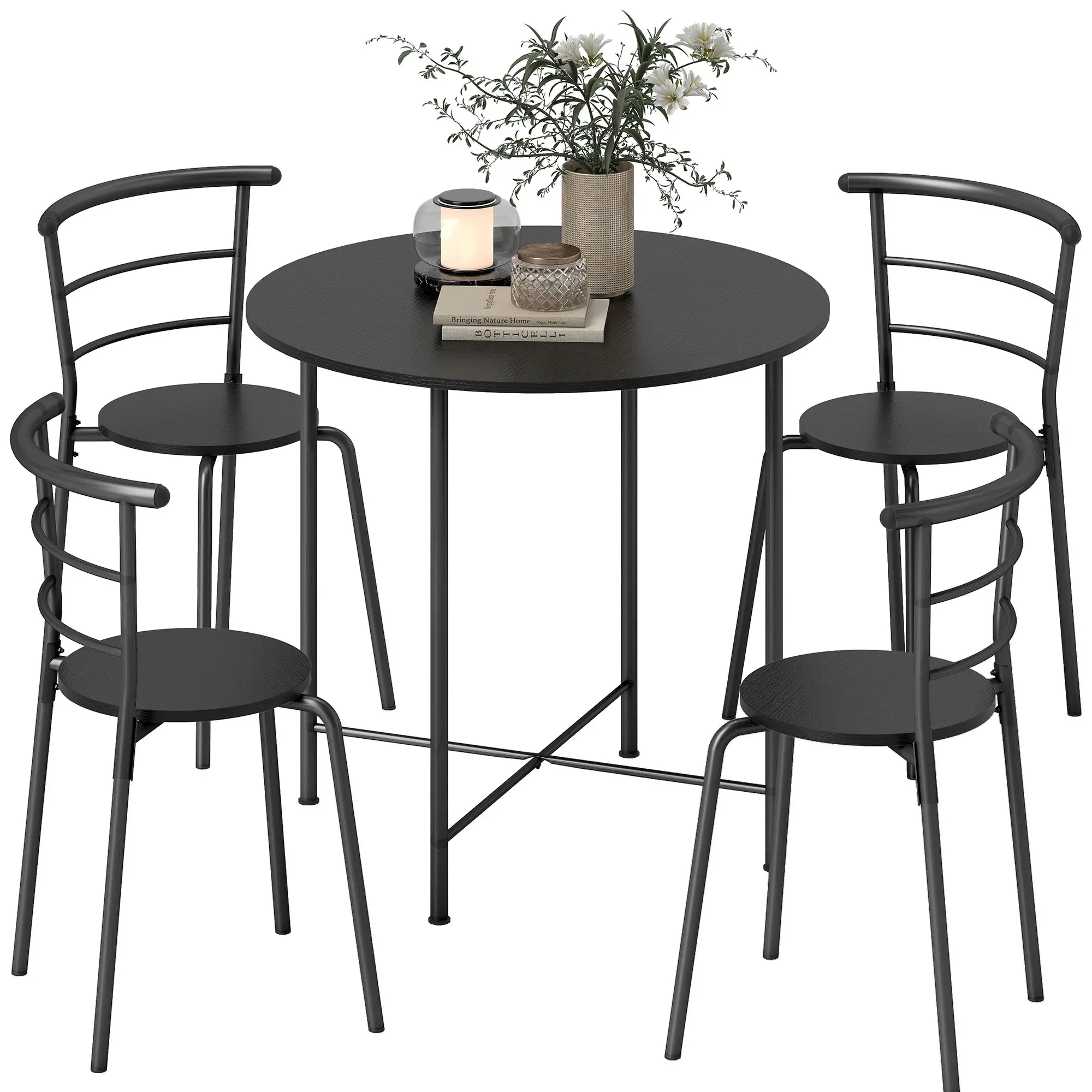5 Piece Dining Table Set, Round for 4, Metal Frame, Black Wood Grain, Black - Image 11