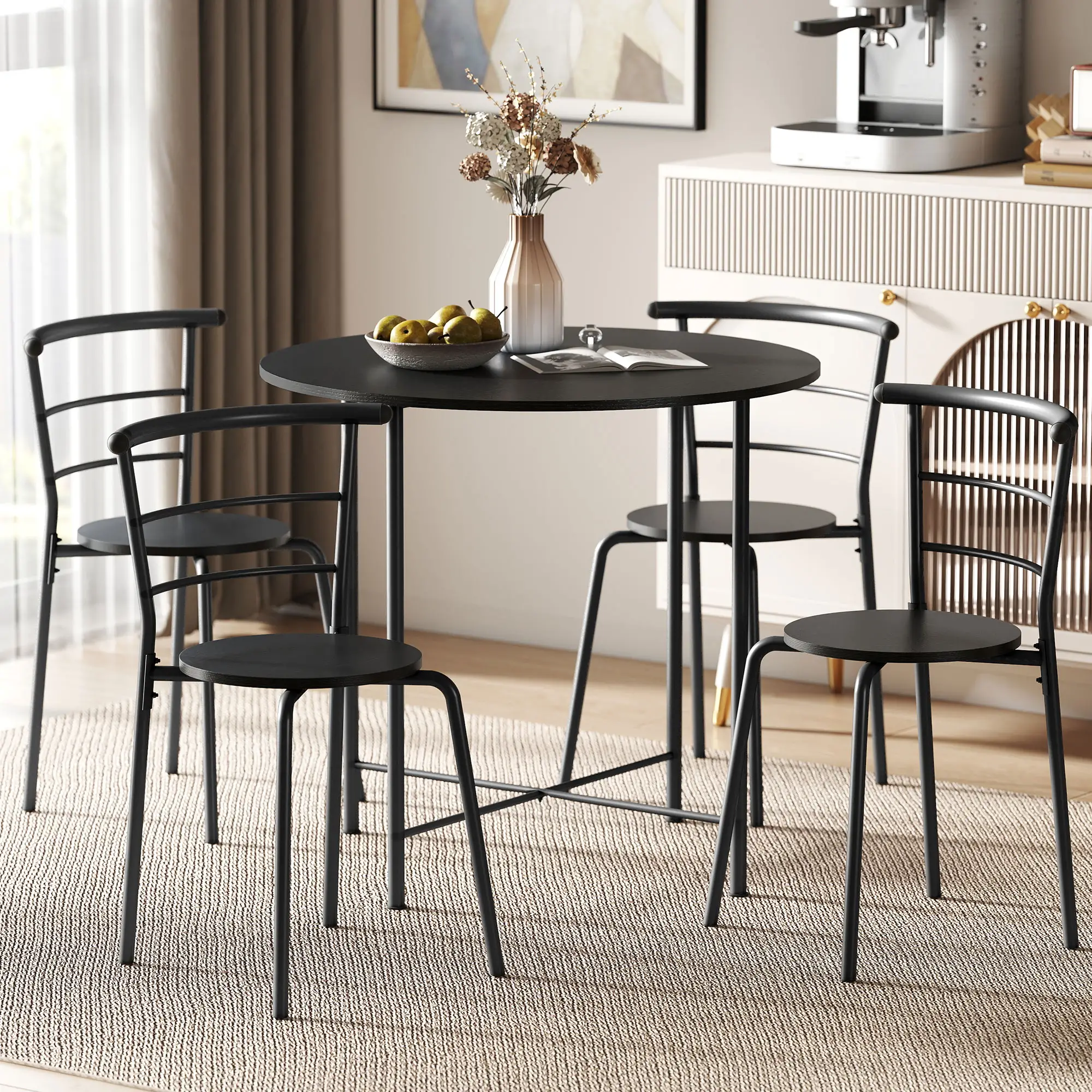 5 Piece Dining Table Set, Round for 4, Metal Frame, Black Wood Grain, Black - Image 2