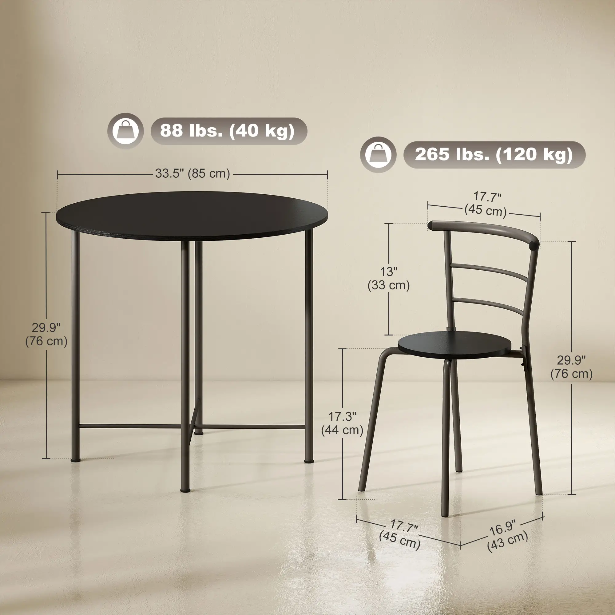 5 Piece Dining Table Set, Round for 4, Metal Frame, Black Wood Grain, Black - Image 3
