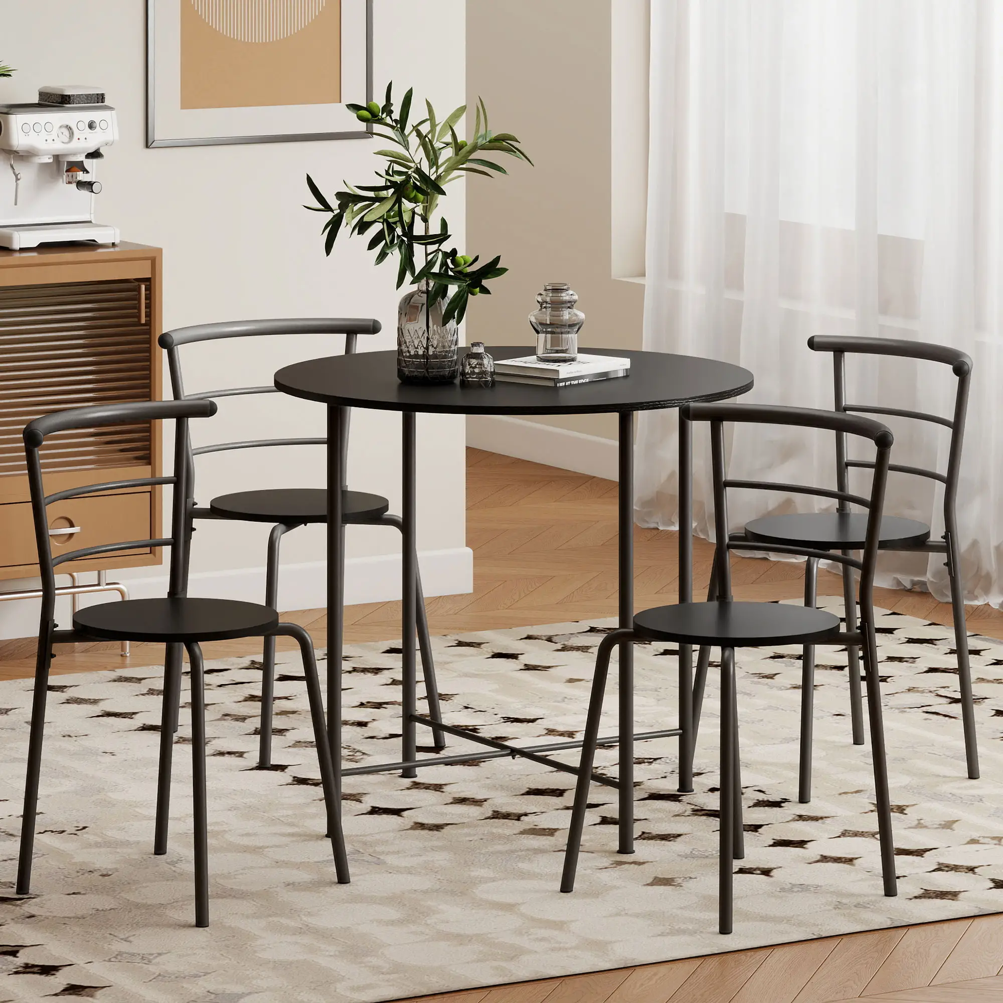 5 Piece Dining Table Set, Round for 4, Metal Frame, Black Wood Grain, Black - Image 8