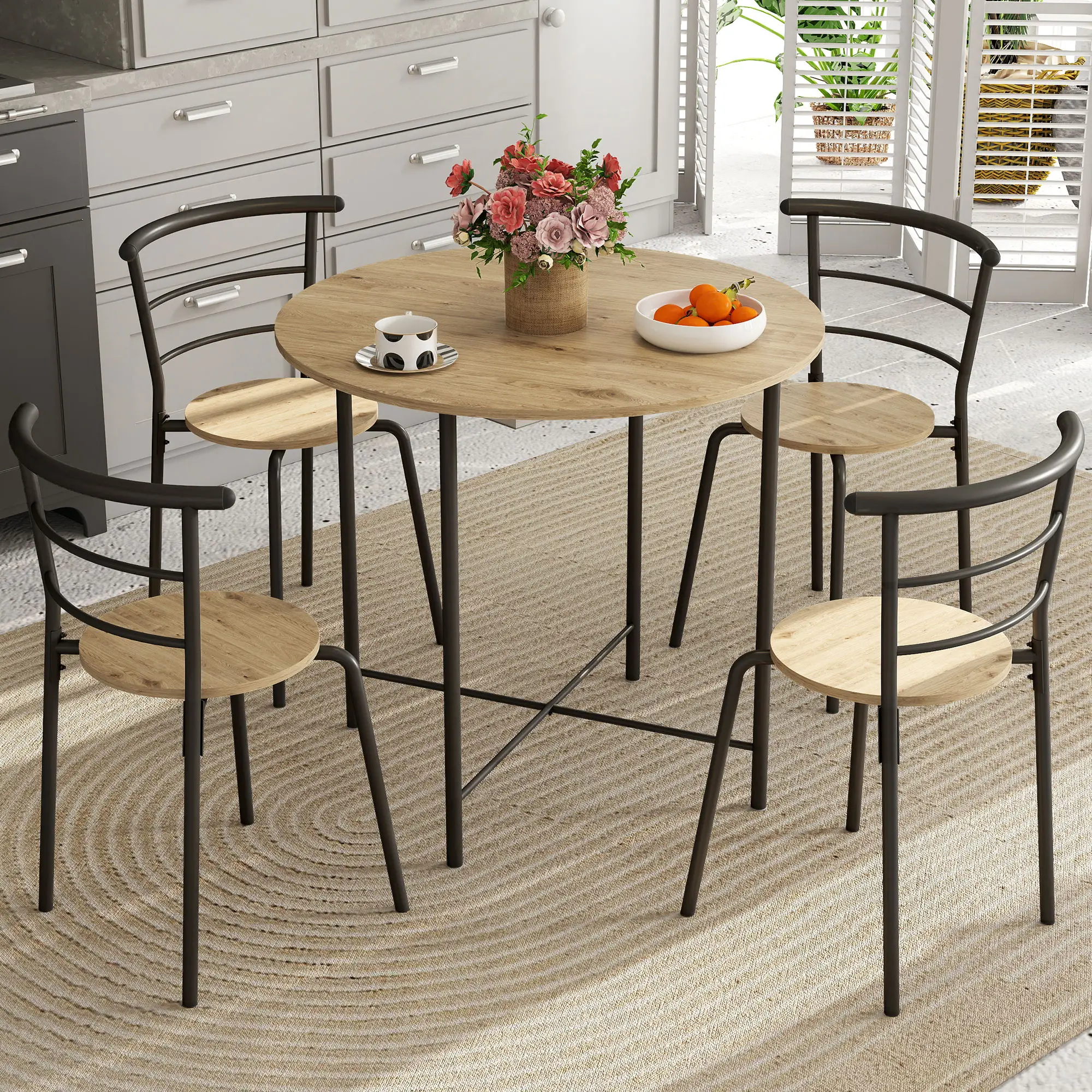 5 Piece Dining Table Set, Round for 4, Metal Frame, Natural - Image 10