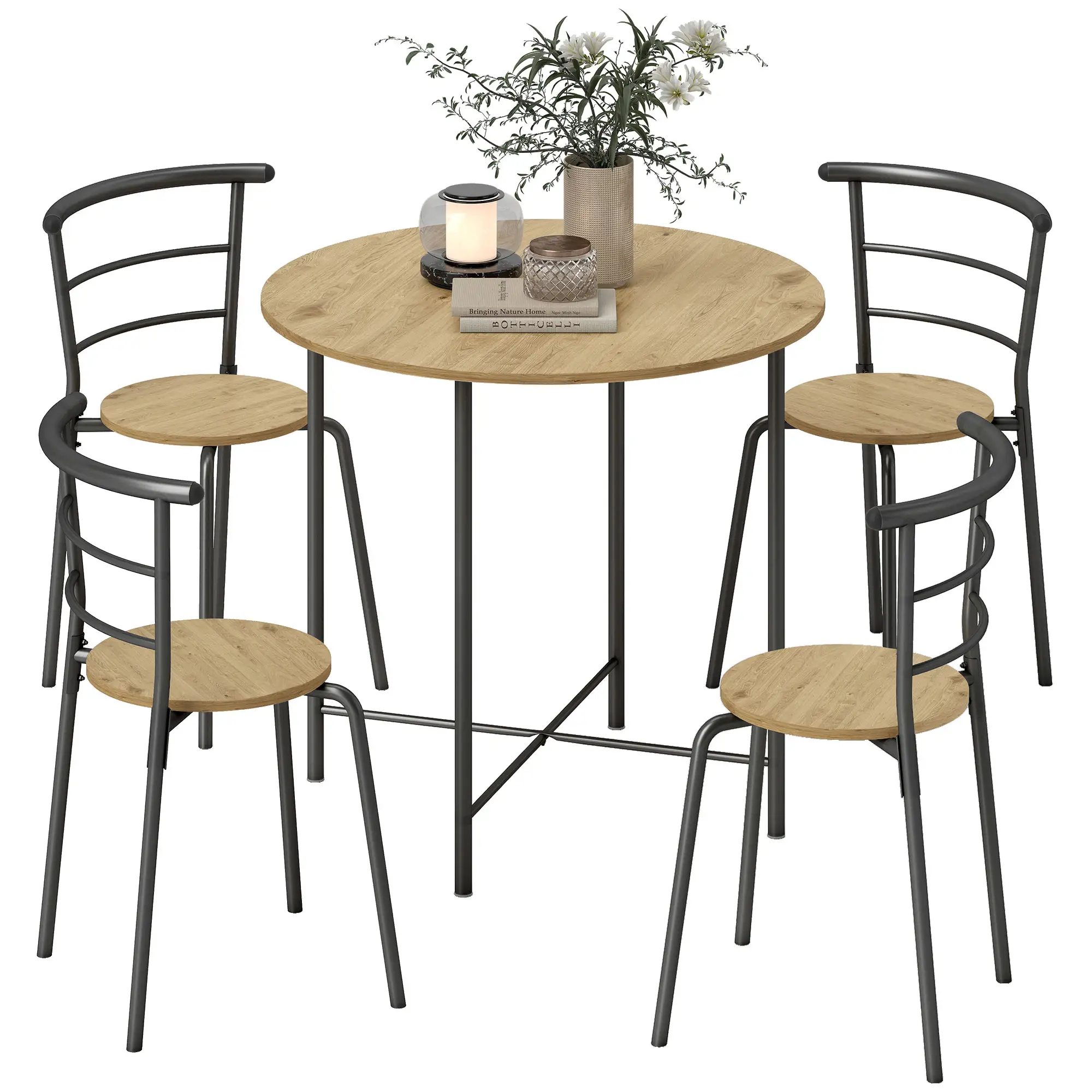5 Piece Dining Table Set, Round for 4, Metal Frame, Natural - Image 11