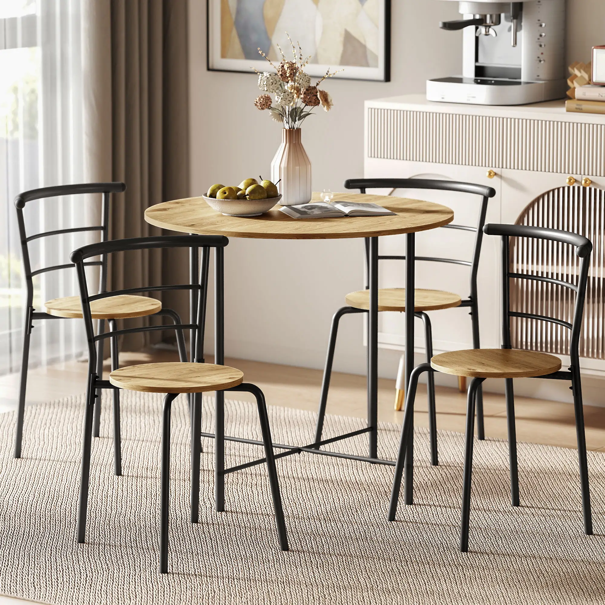5 Piece Dining Table Set, Round for 4, Metal Frame, Natural - Image 2