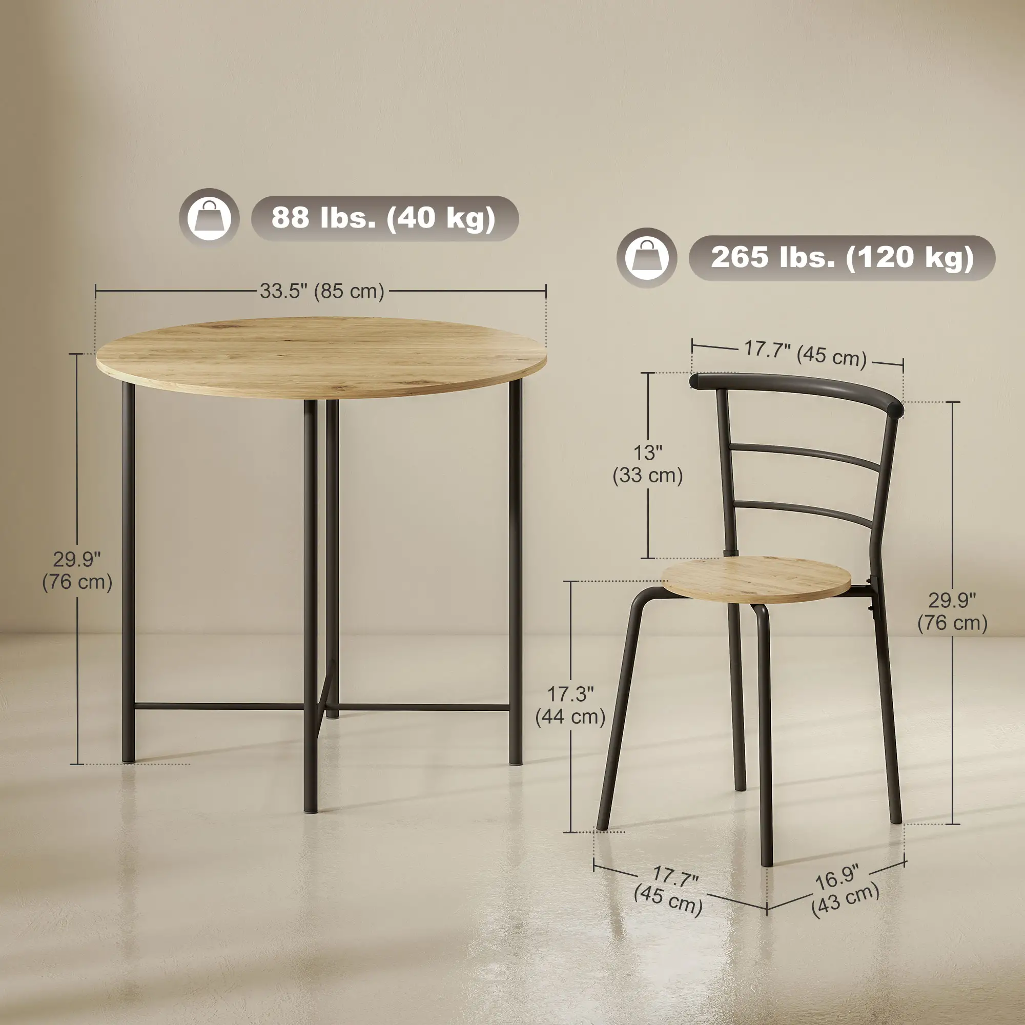 5 Piece Dining Table Set, Round for 4, Metal Frame, Natural - Image 3