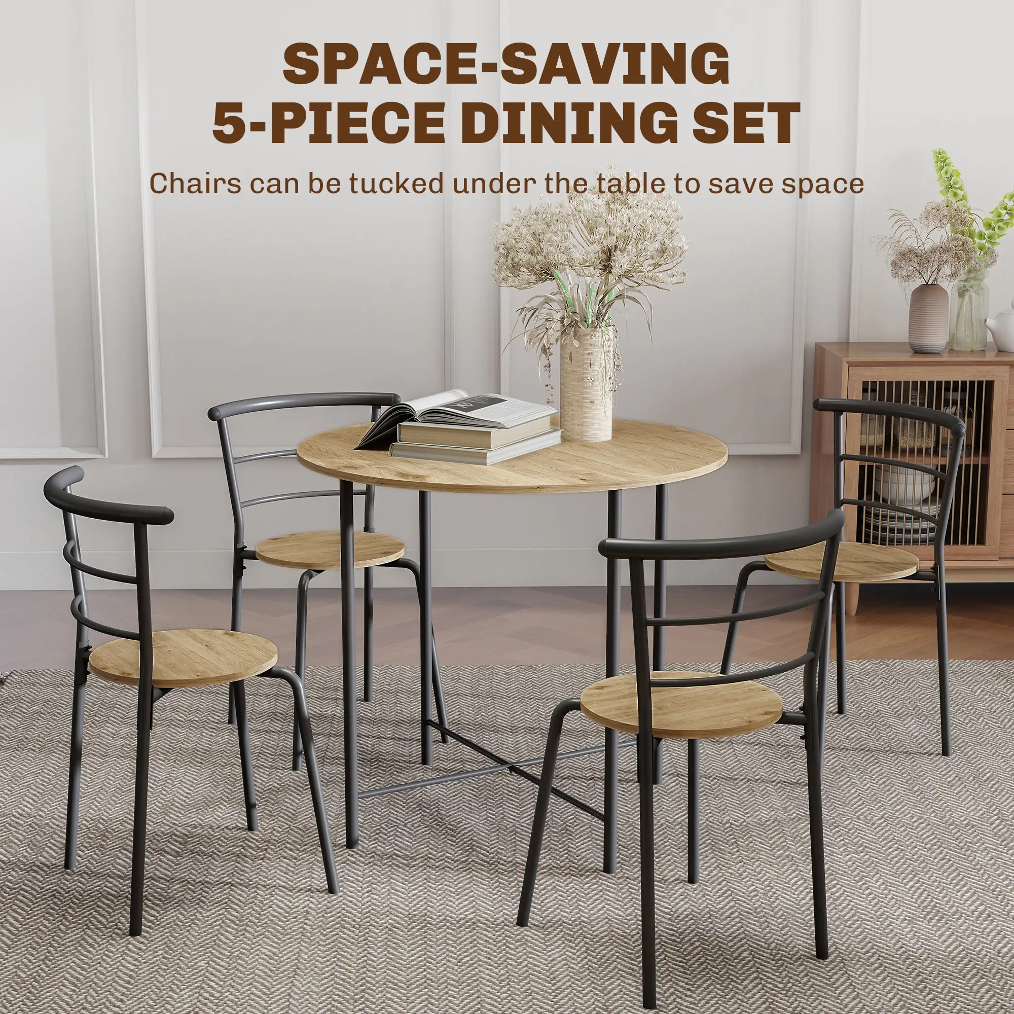 5 Piece Dining Table Set, Round for 4, Metal Frame, Natural - Image 4